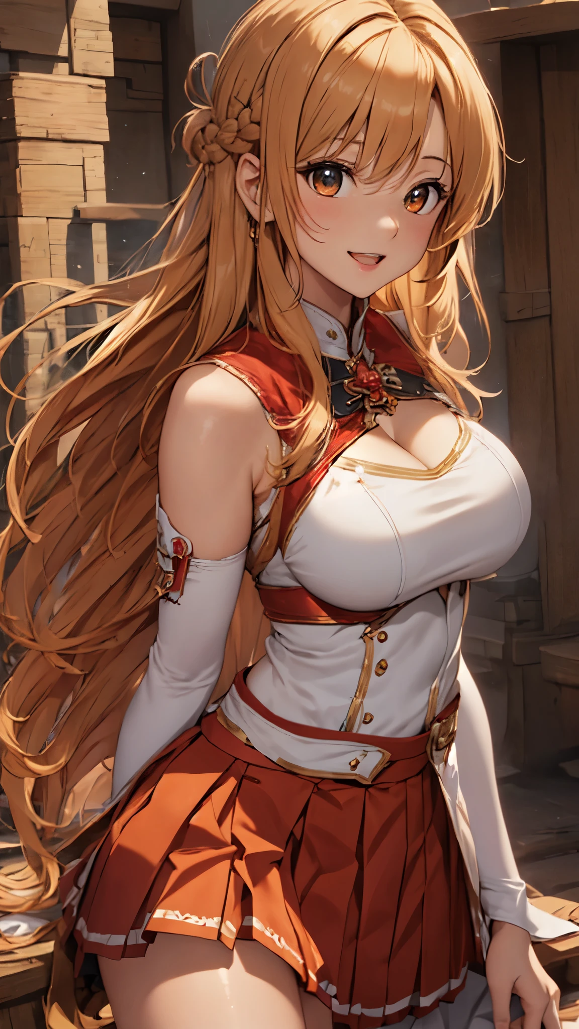 (masterpiece, highest quality, High resolution:1.5), ,(very accurate details,超High resolution:1.5),(High-definition CG Unity 8K:1.5),(Aesthetic Anime Eyes:1.4),Asuna Yuki, long hair, orange hair, Braid, orange eyes, bare shoulders, (armor:1.4), breastplate, white sleeves, removed sleeve, (red skirt, pleated skirt:1.4), white stockings, waving, smile,, open your mouth, town, fantasy