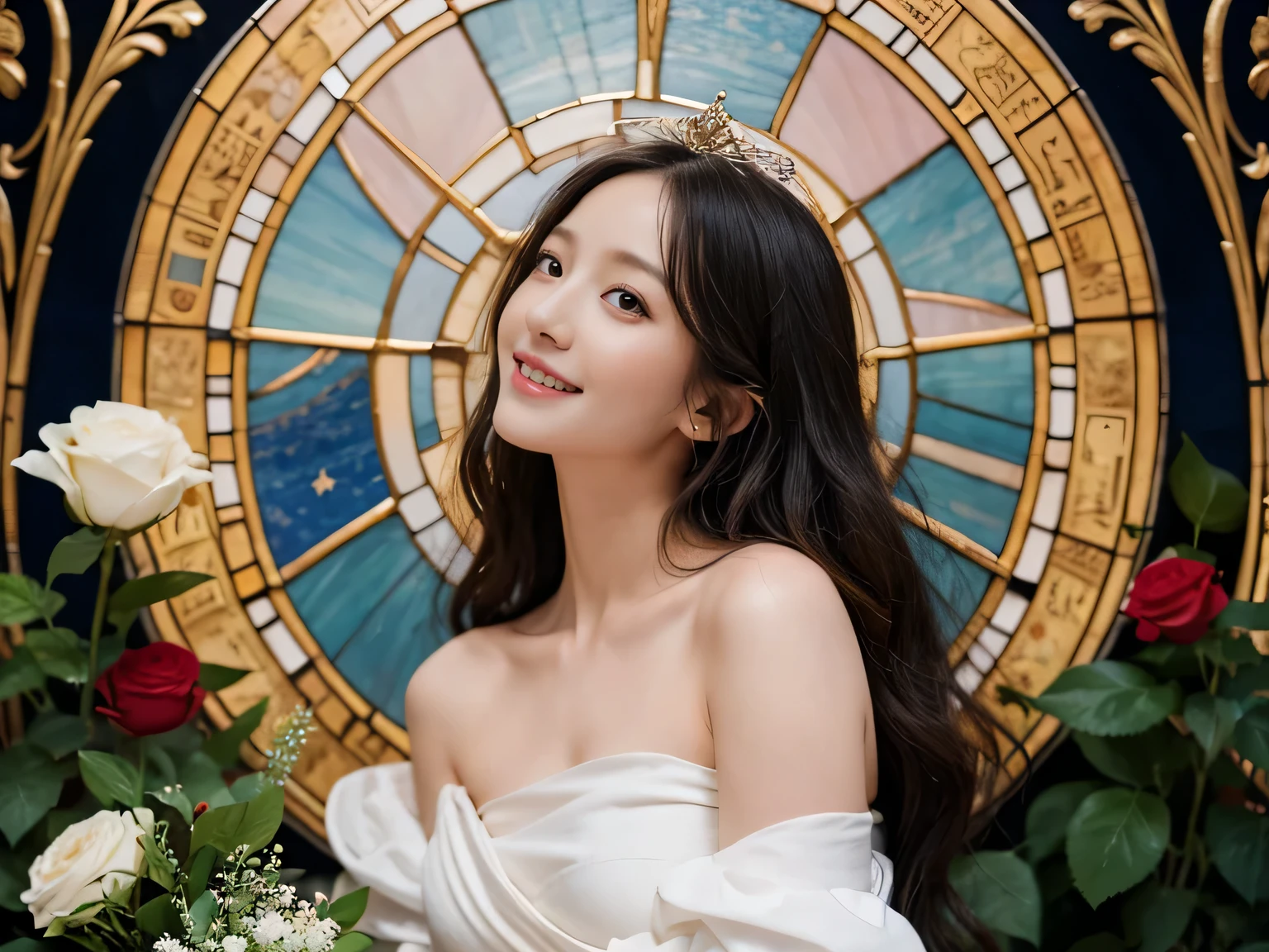 full body portrait or statue、Stained glass、Vigée Leblanc style、math、astronomical machine、astronaut、roses in vase、fruit、Cute trinkets、smile、ancient greek costume、Sandro Botticelli paintings、Costume that stretches your shoulders、A big smile、expression of ecstasy、sexy、beautiful bare skin、Detailed representation of the seducing woman throughout the body