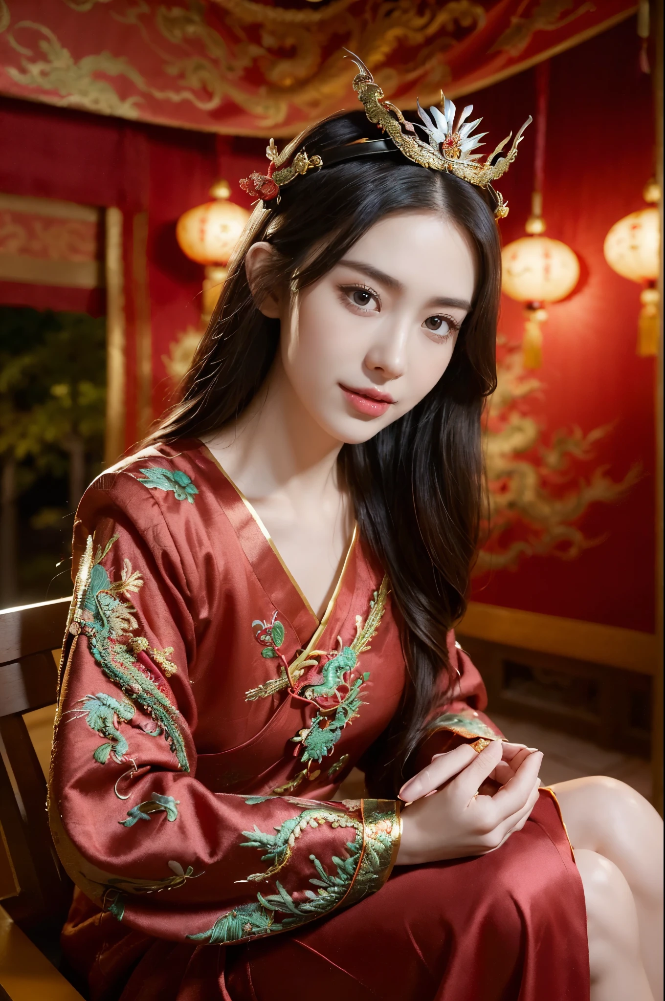 ((((8k))),((Extremely meticulous CG)) ,(wallpaper),16k,((Extremely refined and beautiful)),(((Masterpiece))),(((best qualtiy))),(((Ultra High Resolution))),beautiful light up,Perfect lightning,realistic shaded,(high resolution),(Smooth and flawless fair skin:1.5),(pale skin:1.3),Extremely exquisite facial details,(perfect body:1.1),ultra-detailed,a girl,solo,small head,(dragon-head crown:1.3),(bun hair:1.2),small face,Exquisite makeup,(shiny skin:1.5),(slim,thin),happy,(laughing:1.2),(small breasts:1.1),flat chest,(maxi red hanfu with exquisite embroidered dragon patterns:1.5),(night scene:1.5),indoor,(In a luxurious Chinese palace:1.3),(Spring Festival festive atmosphere:1.3),(looking at the viewer:1.3),(detailed background:1.5),(close-up of face:1.3),(sitting on the throne:1.2),(from front:1.3),(bright light:1.3),