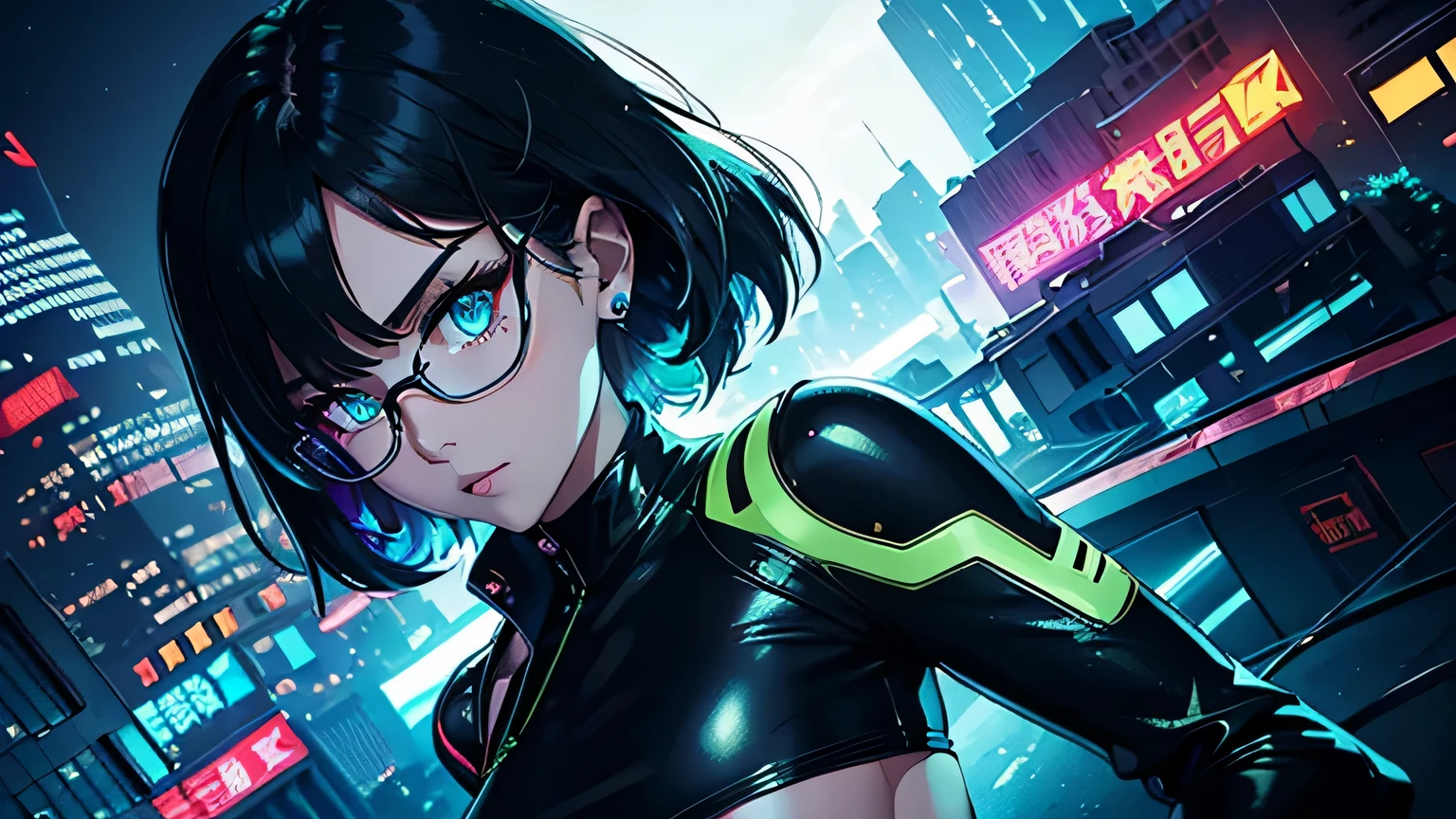 Editorial Style photo, Aerial view, 1woman, fit-muscled body, medium breast, bright yellow eyes,dark blue hair , blue eyes, With round lenses, The audience watched carefully, (s face: 1.2), Perfect female figure, ((standing)), ((neon green Tight crop top neon green leather suit), face close up, ((Bonifasko lighting)), (The round lenses on his eyes)(詳細な目), Perfect student, face close up, Tech ????, City street, Holographic advertisements, Glossy, reflective, and metallic, Tech gadgets and urban chaos, Monochrome with neon accents, SynthTech Inc., Neon and spotlights, Urban downtown, Nighttime, Mysterious and intriguing, Mix of modern and retro architecture —ar 16:9 —s 500