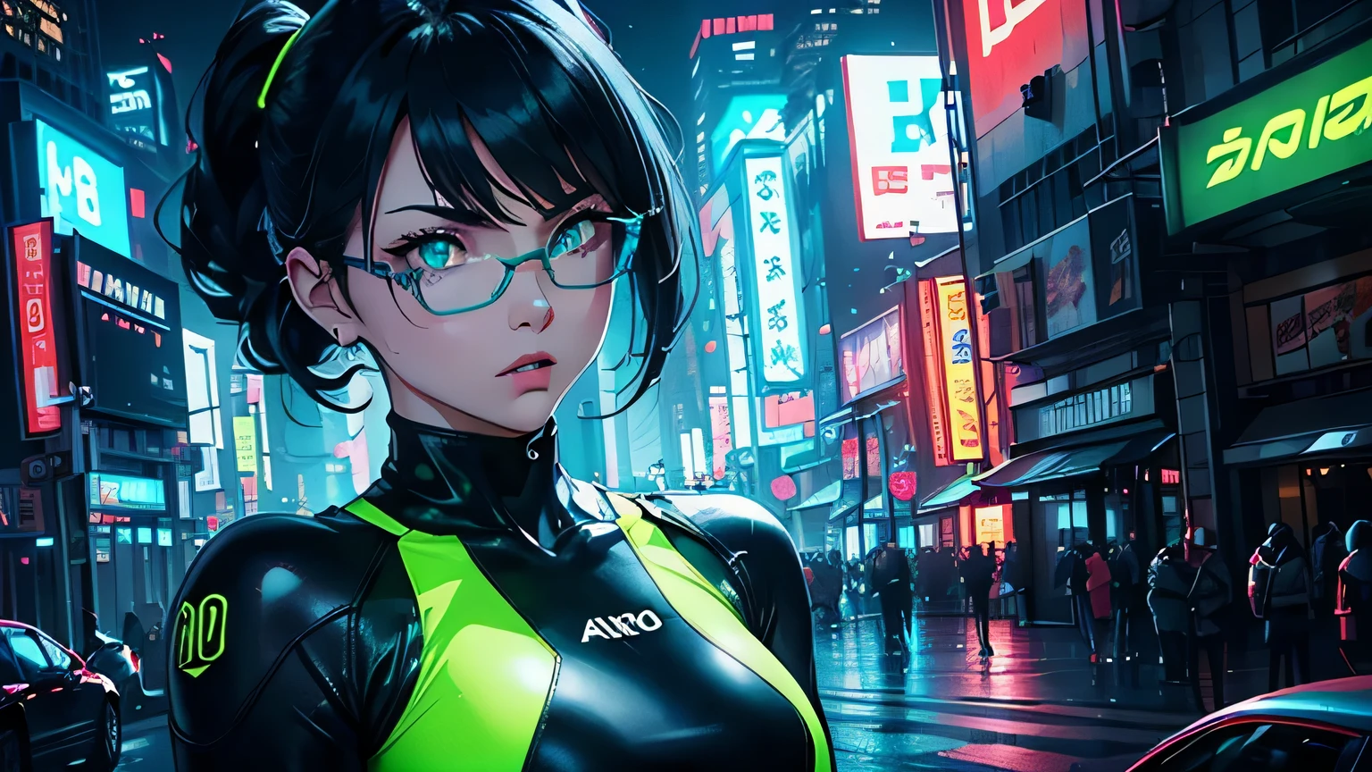 Editorial Style photo, Aerial view, 1woman, fit-muscled body, medium breast, bright yellow eyes,dark blue hair , blue eyes, With round lenses, The audience watched carefully, (s face: 1.2), Perfect female figure, ((standing)), ((neon green Tight crop top neon green leather suit), face close up, ((Bonifasko lighting)), (The round lenses on his eyes)(詳細な目), Perfect student, face close up, Tech Noir, City street, Holographic advertisements, Glossy, reflective, and metallic, Tech gadgets and urban chaos, Monochrome with neon accents, SynthTech Inc., Neon and spotlights, Urban downtown, Nighttime, Mysterious and intriguing, Mix of modern and retro architecture —ar 16:9 —s 500