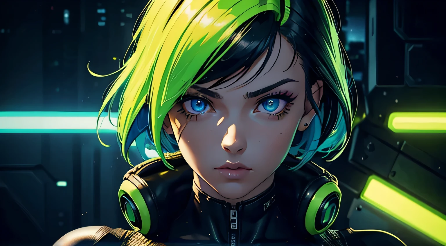 cyberpunk girl in neon geen crop top tight leather suit, face close up, 4K, A high resolution, Best quality at best, masterpiece, perfect colors, perfect shadow, perfect litthing, ((sportrait)), 1woman, fit-muscled body, bright yellow eyes,dark blue hair , blue eyes, With round lenses, The audience watched carefully, (s face: 1.2)