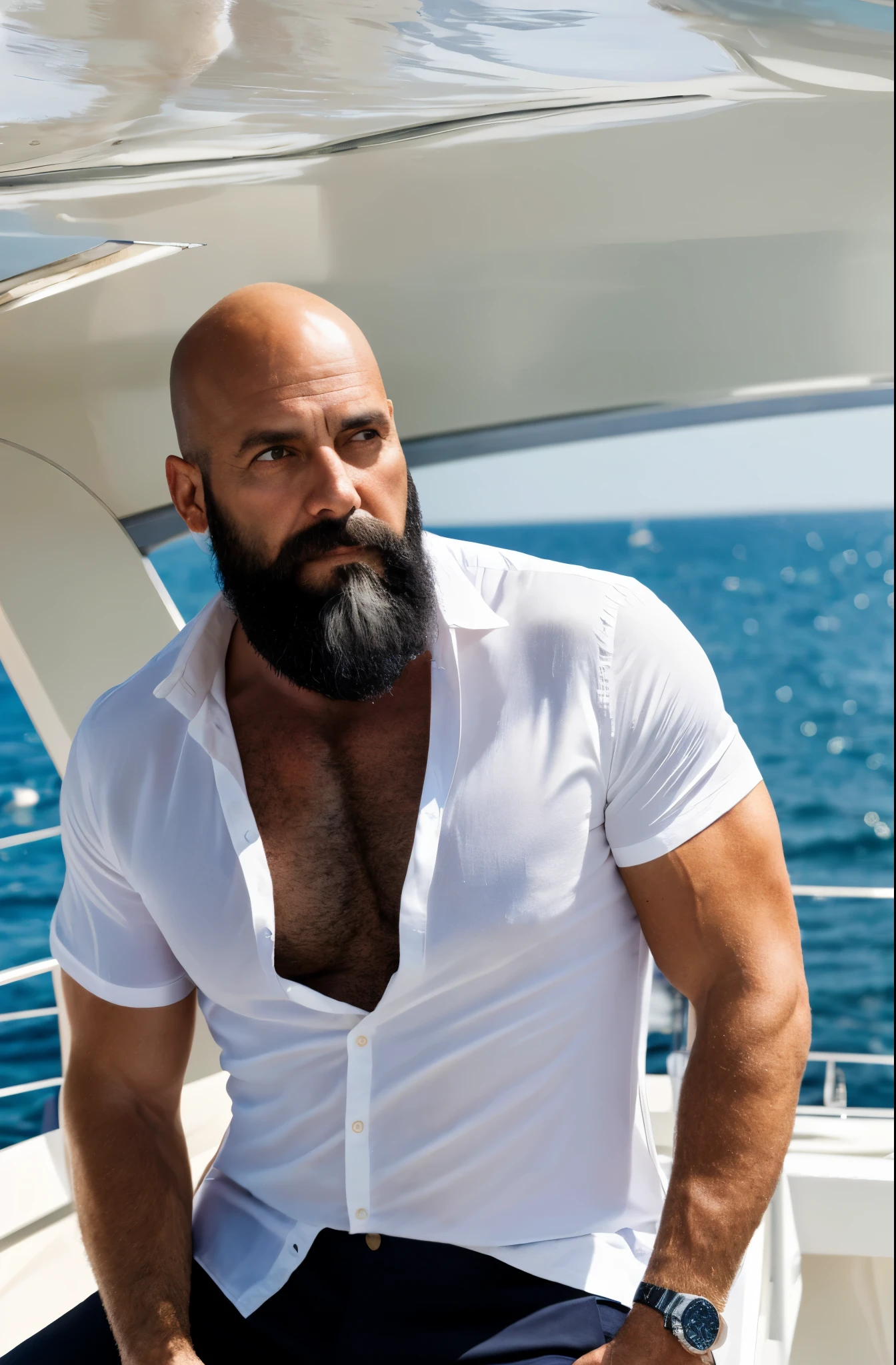 Hiperrealism, hiperdetailed, natural colors, soft light, 40 years old man, muscled, tall, virility, on a yatch, summer day, Handsome, bald with black beard, sensual, looking straight at the camera, White elegant shirt