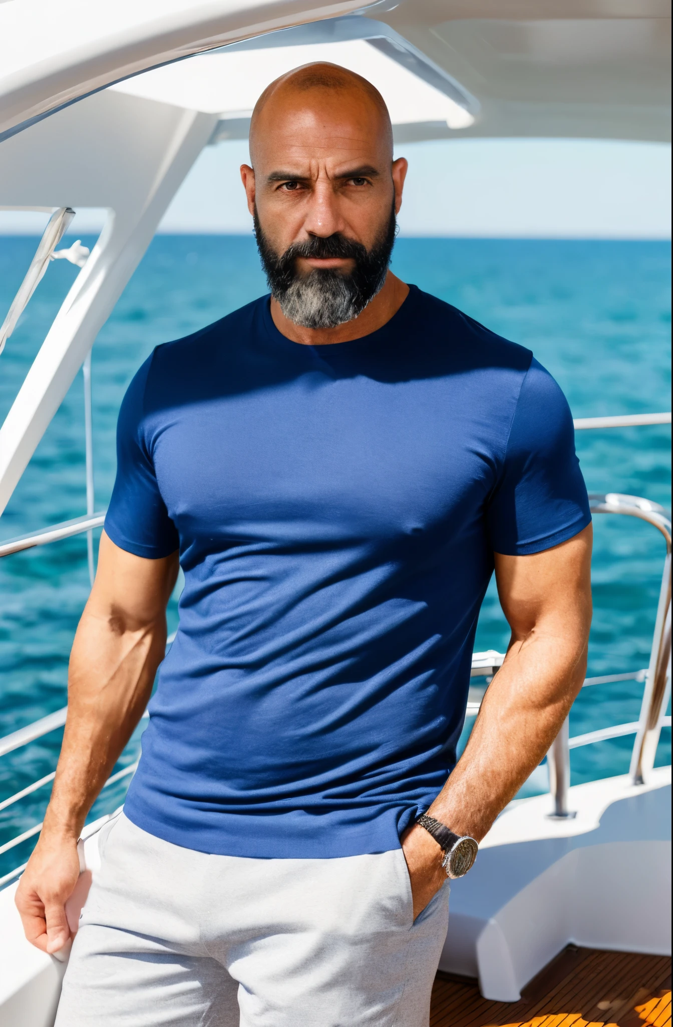 Hiperrealism, hiperdetailed, natural colors, soft light, 40 years old man, muscled, tall, virility, on a yatch, summer day, Handsome, bald with black beard, sensual, looking straight at the camera, blue shirt