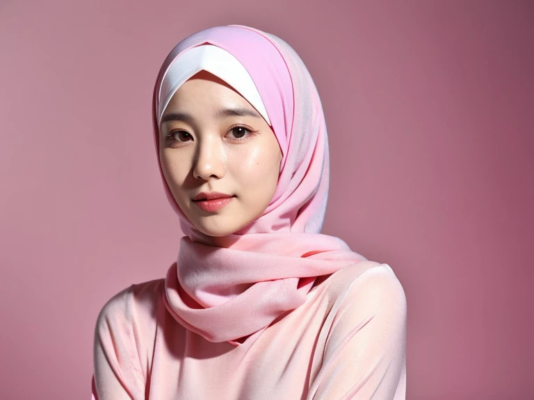portrait of 1beautiful Korean woman in pink hijab, white turtle neck dress, asthetic plain background
