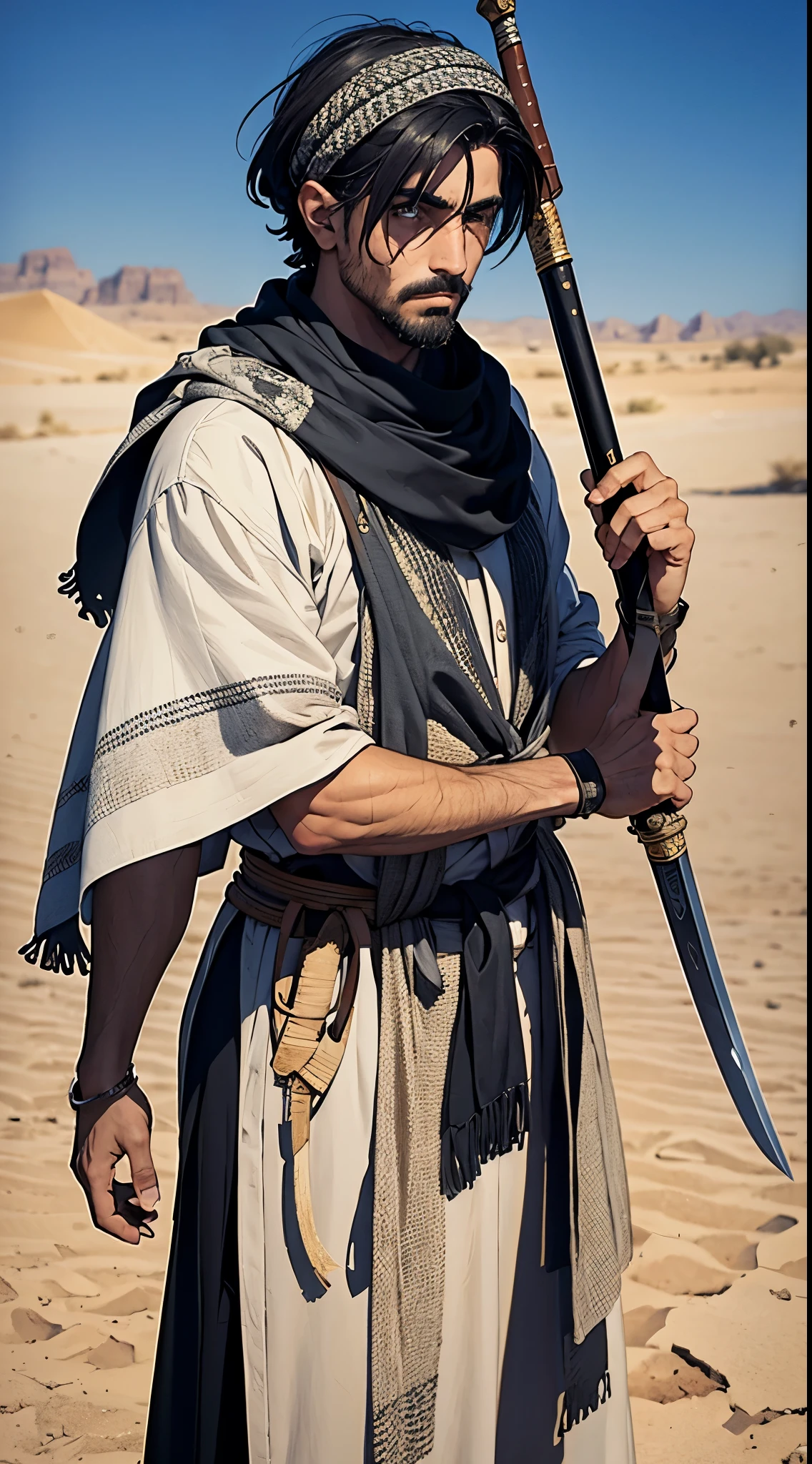 Masterpiece, a man wearing keffiyeh grip a sword damascus, background desert storm