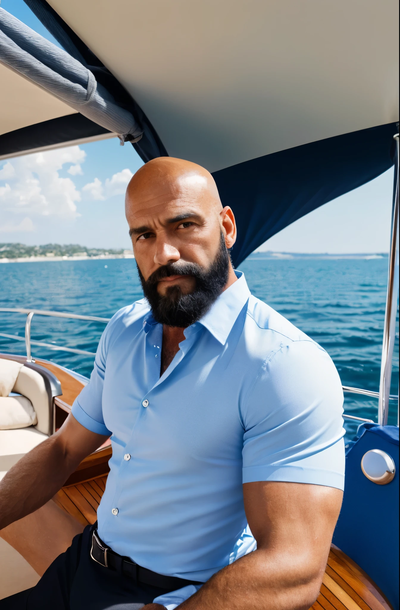 Hiperrealism, hiperdetailed, natural colors, soft light, 40 years old man, muscled, tall, virility, on a yatch, summer day, Handsome, bald with black beard, sensual, looking straight at the camera, blue elegant shirt