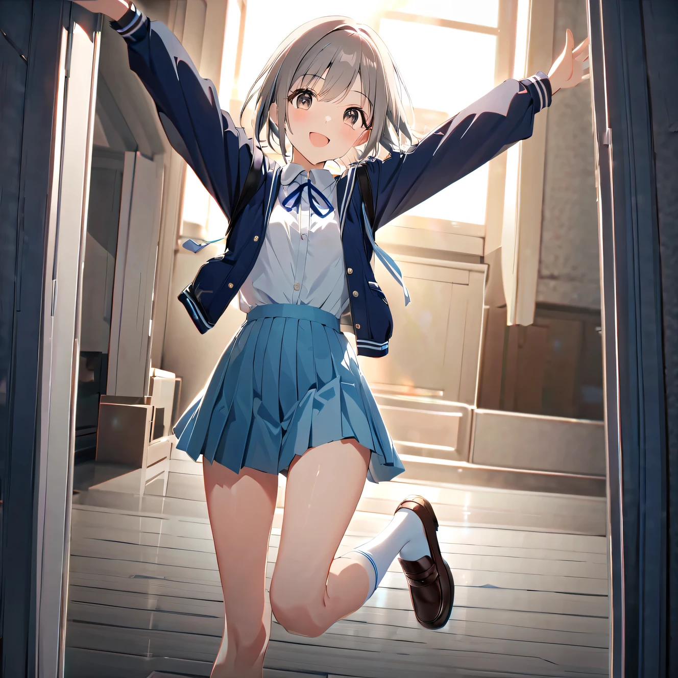 1girl Yi Cang_yuuki idolmaster_Cinderella_girls arm_up bag blue_dress blue_jacket blue_ribbupon blush border breasts brown_shoes dress gray_eyes grey_hair jacket legs_up loafers lupong_sleeves looking_in_viewer neck_ribbupon open_clothes open_spread your hands_jacket open_Outside the mouth_expanded borders_arm pink_background pleined_skirt ribbupon school_Bag School_uniform shirt shoes short_Simple hair_background skirt small_breasts smile socks solo standing standing_upon_upone_leg stuffing_stuffed animals_toy teddy_bear white_border white_shirt white_socks, masterpiece, highest quality, 8K,illustriniupon,(detailed lighting),UHD, Anime Skins
