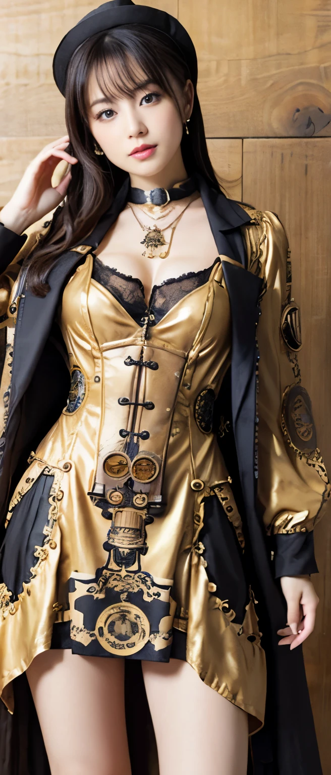 Steampunk Idol、whole body、good style、、、、、gear print gold mini dress、monocle、steampunk gear