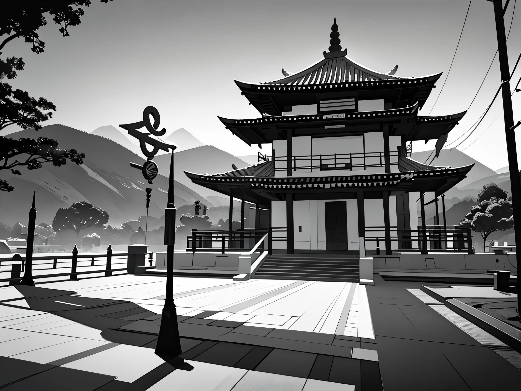 Buddhist temple, black and white style