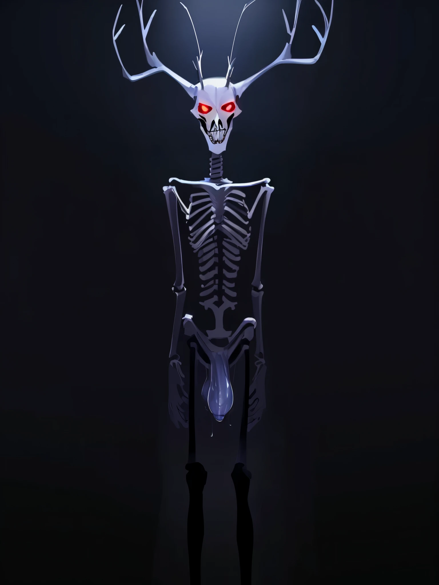 By bebebebebe, by lostgoose, by goonie-san, solo, male, standing, (slim, skinny, thin), wolf skull, canine, ((canine skull, skeleton, wendigo)), looking at viewer, glowing eyes, sweaty balls, big veiny penis