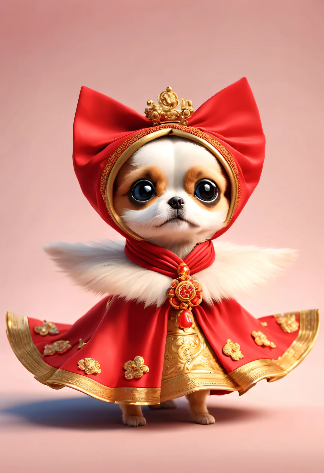 curly，beautiful details，In ancient China, A super cute puppy wearing a bright red wedding dress. Dog Bride is an avatar, Wearing a red scarf on the head，Gold ornaments are worn on the head, pixelated style (Anthropomorphic standing pose), Charming big eyes, cute tail, Surreal, super detailed, luxury, elegant, Gorgeous, Unreal Engine, octane rendering, 8k, VRAYSurreal，Chinese New Year elements，