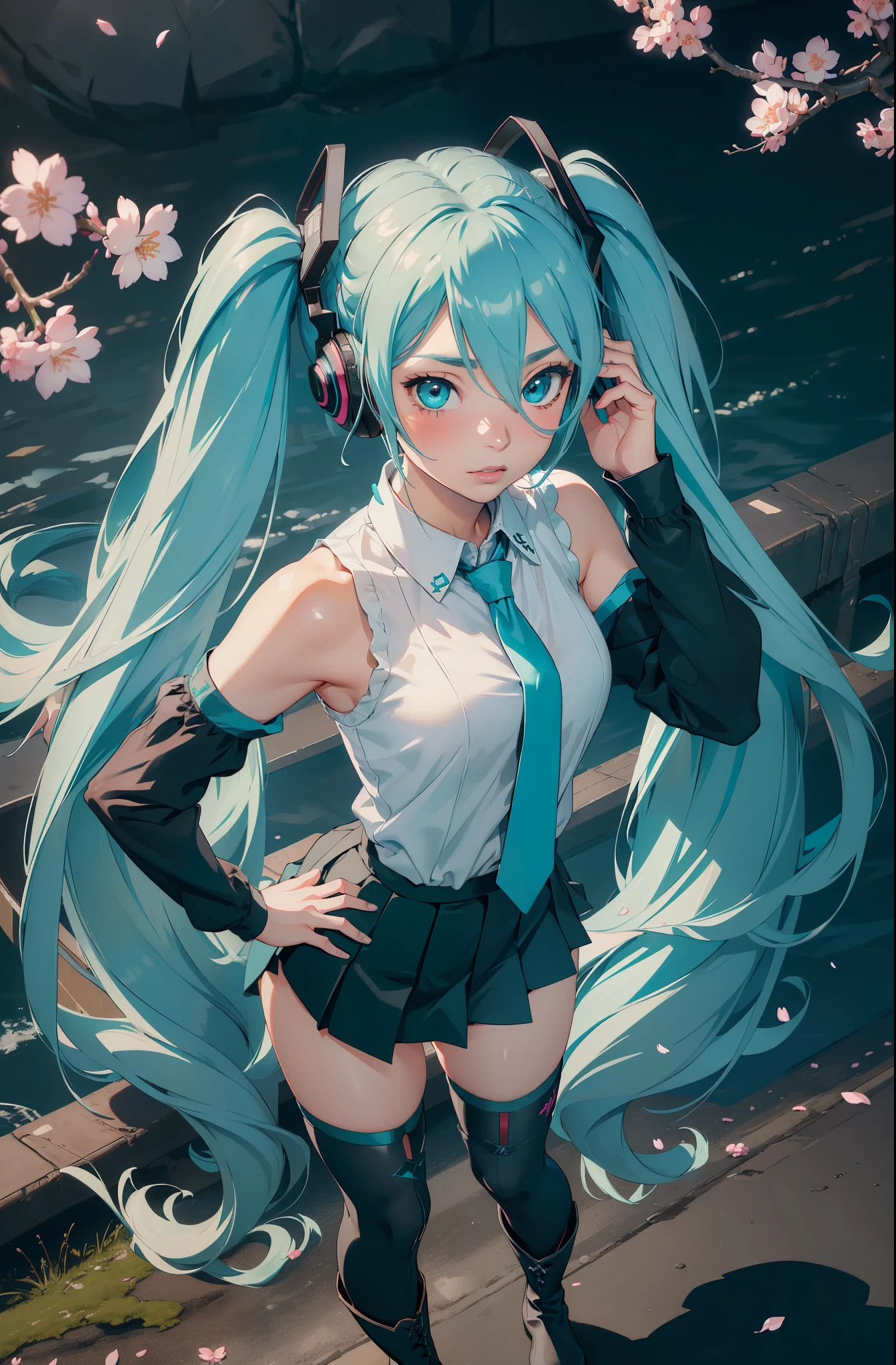 (best quality:1.4),(masterpiece:1.4),(photorealistic:1.4),(ultra high res, raw photo:1.4),(hdr, hyperdetailed:1.2),hatsune miku,pointing up,large pectorals,spread fingers,highres,light and shadow snowing,hand on another's face,cherry blossoms,hand on hip,pectoral lift,blush visible through hair,princess,aqua eyes,aqua hair,crossed bangs,hair between eyes,hair ornament,headphones,long hair,twintails,aqua necktie,black footwear,black skirt,black sleeves,boots,collared shirt,detached sleeves,grey shirt,necktie,pleated skirt,shirt,skirt,sleeveless,sleeveless shirt,thigh boots,tie clip,