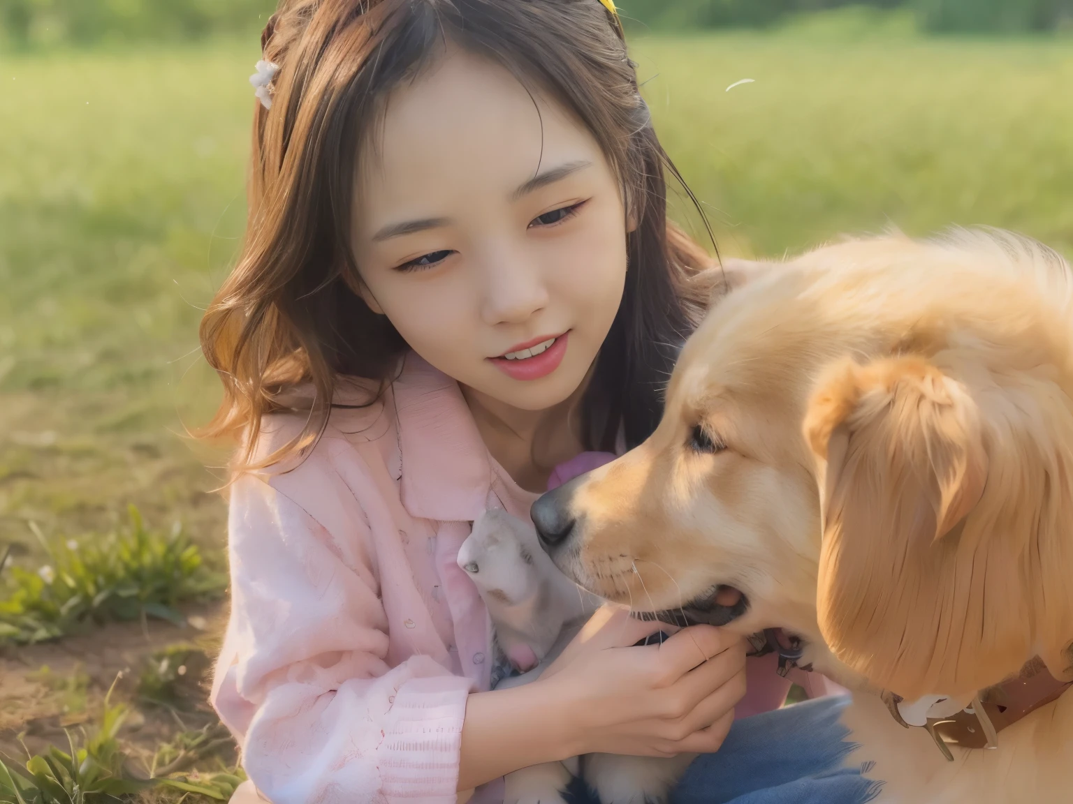 high detail、Photoreal Stik、High level image quality、20 year old woman playing with golden retriever puppy in pasture、Face licked by a puppy、３Cuddle a monthly puppy、Puppy playing with cute girl