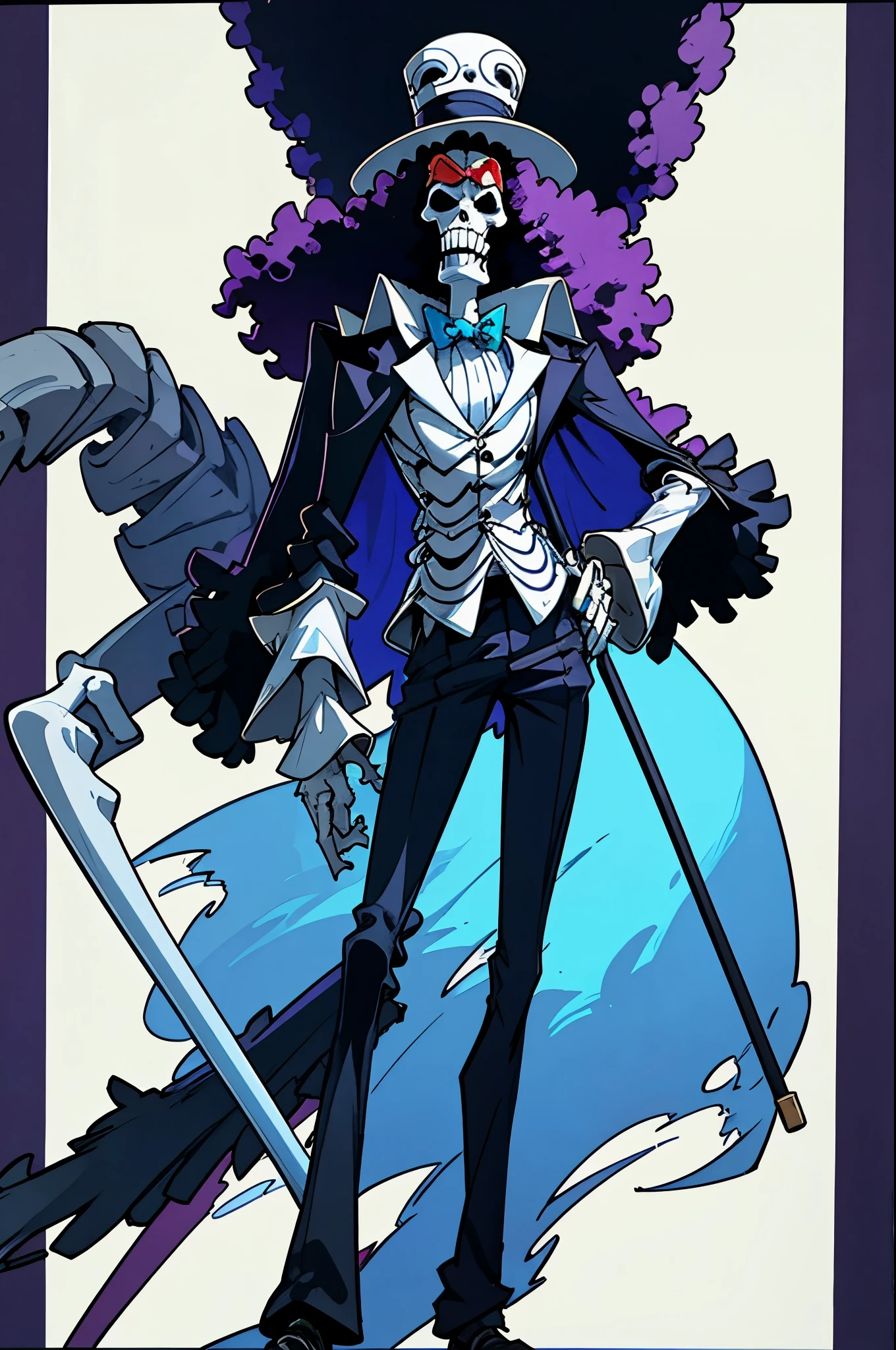 brook from one piece, man, skeleton. Brook is an extremely tall skeleton dressed in formal attire complete with top hat and cane. Standing at 266 cm in height. Despite having no skin, he still has an afro.