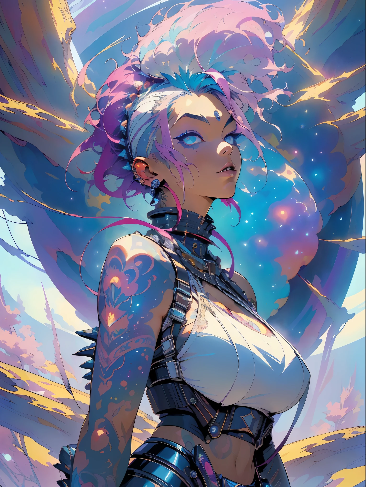 (masterpiece, top quality, best quality, official art, beautiful, cosmic, atmospheric, psychedelic, dreamlike and aesthetic:1.2), (1girl, platinum white punk rock mohawk hair, tons of tattoos and piercings, super huge enormously gigantic tits), extreme detailed,(fractal art:1.3),colorful,highest detailed, cherry blossoms and butterflies blowing in the wind 