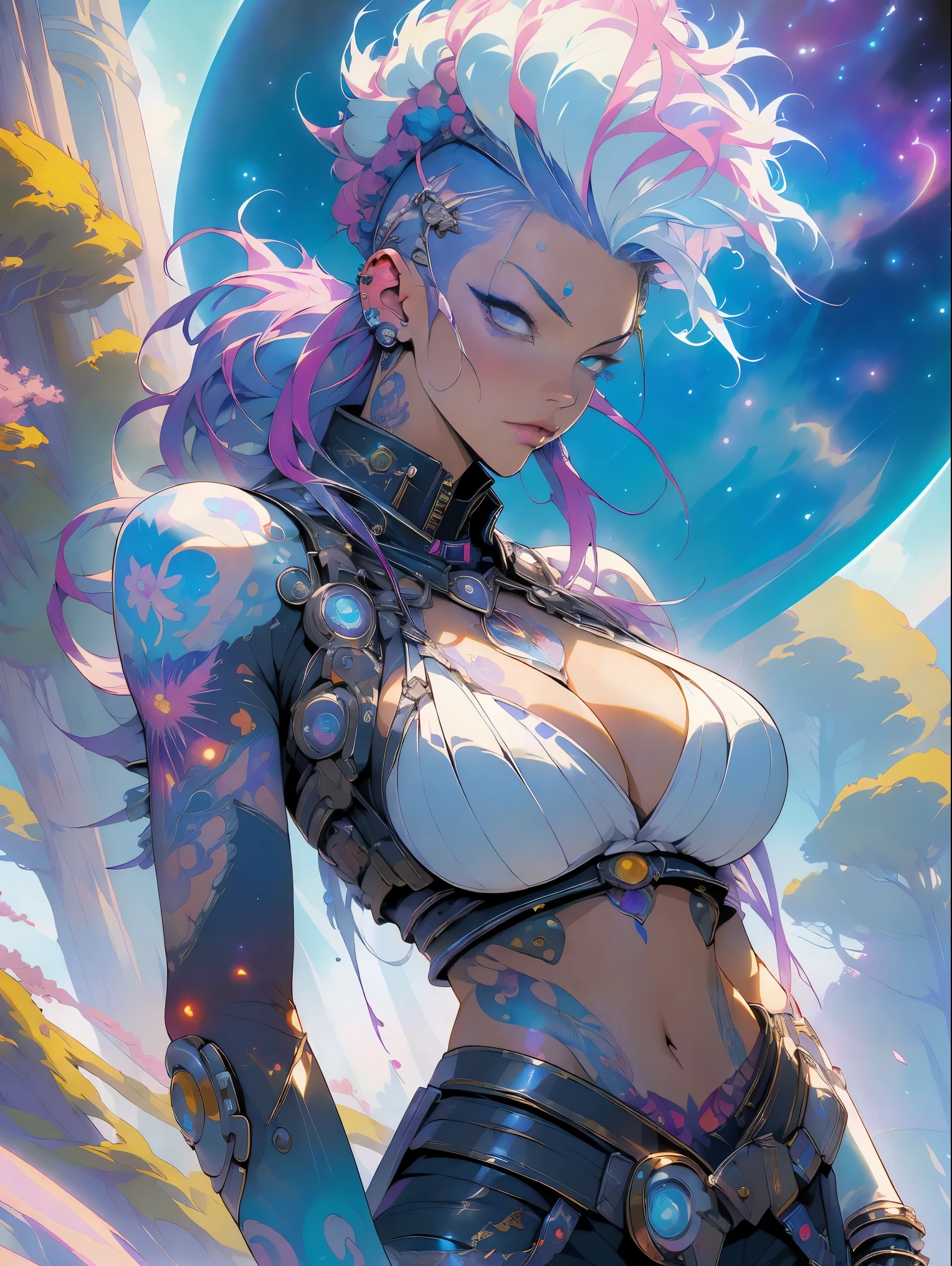 (masterpiece, top quality, best quality, official art, beautiful, cosmic, atmospheric, psychedelic, dreamlike and aesthetic:1.2), (1girl, platinum white punk rock mohawk hair, tons of tattoos and piercings, super huge enormously gigantic tits), extreme detailed,(fractal art:1.3),colorful,highest detailed, cherry blossoms and butterflies blowing in the wind 