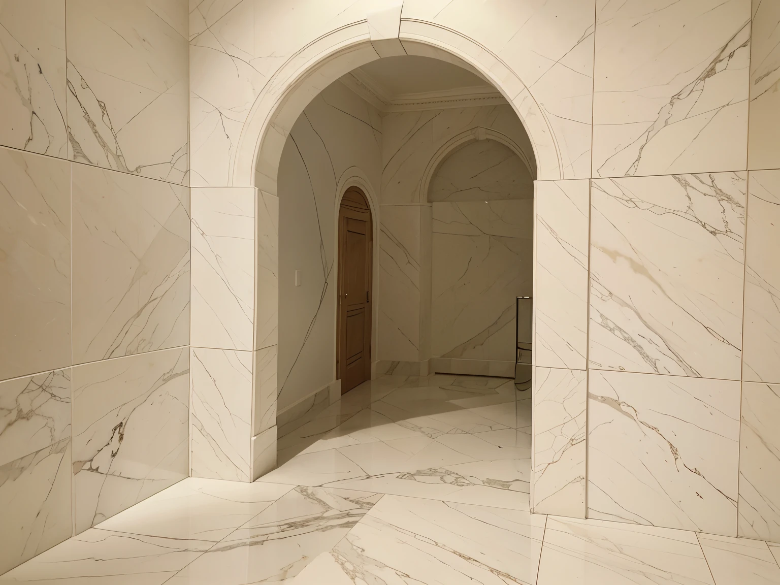 image of a marble wall with a arch shaped indentation, and a 5x5 inch whit card standing up inside of it