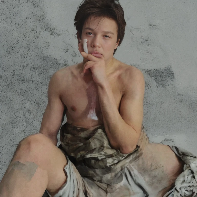  males, skinny body, mud, atmospheric, cute masculine square face, short hair, dead inside, nude, bokeh, background blur, rain, fog, sunset, chromatic aberration, wasteland, post apocalyptic, lying, jerking off, big dick