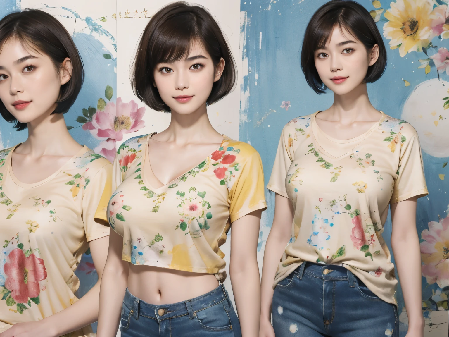 156
(Shorthair:1.46), (a 20 yo woman, standing), (A hyper-realistic), (Masterpiece), (8KUHD), (gentle smile), Slender waist, Wearing jeans, ((Floral Clothing - T-Shirts)), Wearing long pants, abstract splash painting, (doodle:1.46), (breasts:1.46), (口紅)