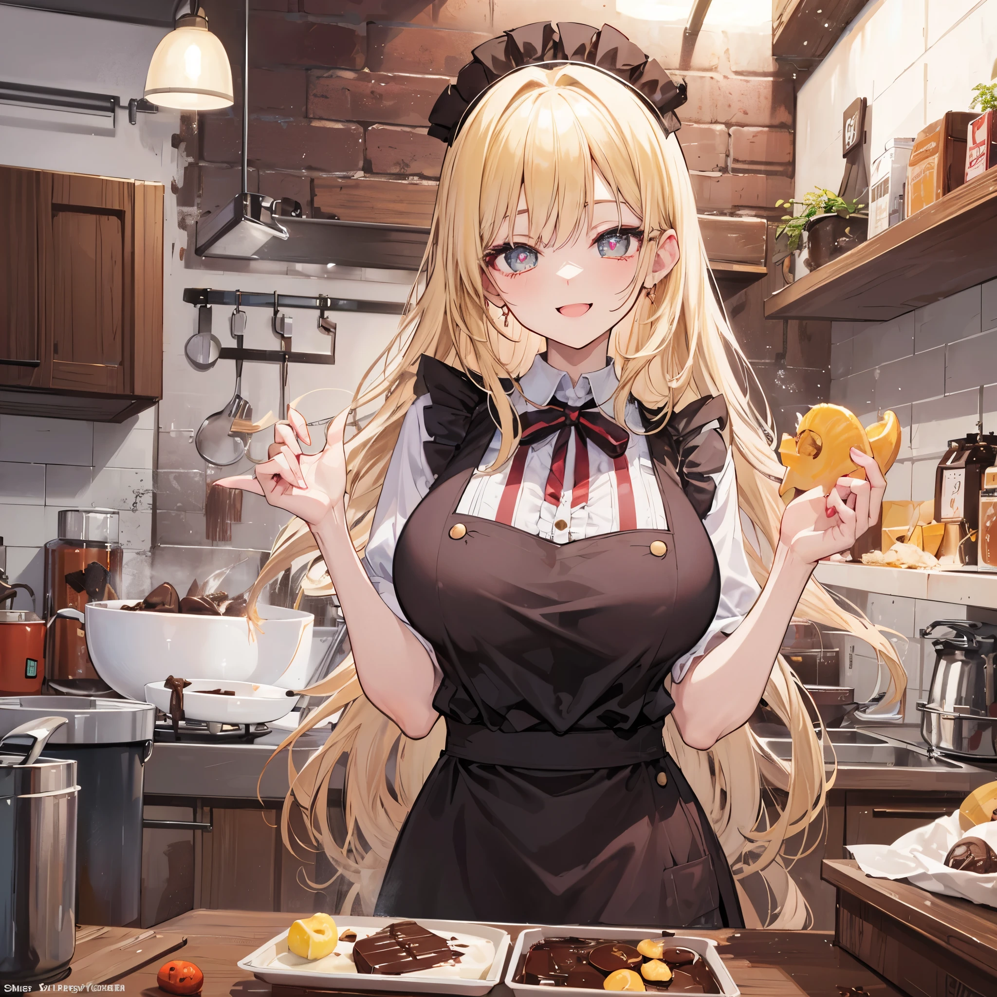 masterpiece, best quality,ultra detailed,
anime moe art style,ultra detailed face,
Perfect Anatomy,complete fingers,
1 gyaru girl,
messy curly ravishing blonde super long hair,
half-open-eyes with heart-shaped pupils,
huge large breasts silhouette,frilled impossible clothes,
apron,making chocolate,kitchen,big smile,