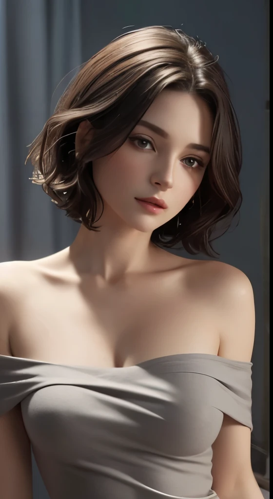 Skin Tight Top:1.4、look at viewer、cinematic lighting、perfect、soft light、High resolution skin:1.2、realistic skin texture、30 year old mature woman、small face、no makeup、off shoulder、Bust B Cup、 small breasts、Detailed beautiful eyes、short hair、dark brown hair、full nude、gray background、