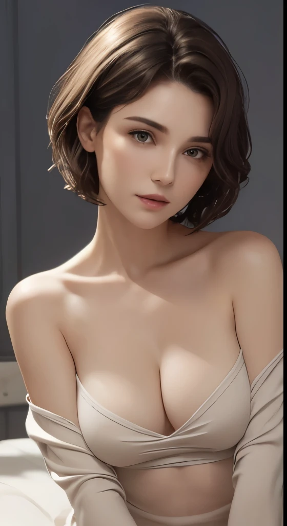 Skin Tight Top:1.4、look at viewer、cinematic lighting、perfect、soft light、High resolution skin:1.2、realistic skin texture、30 year old mature woman、small face、no makeup、off shoulder、Bust B Cup、 small breasts、Detailed beautiful eyes、short hair、dark brown hair、full nude、gray background、