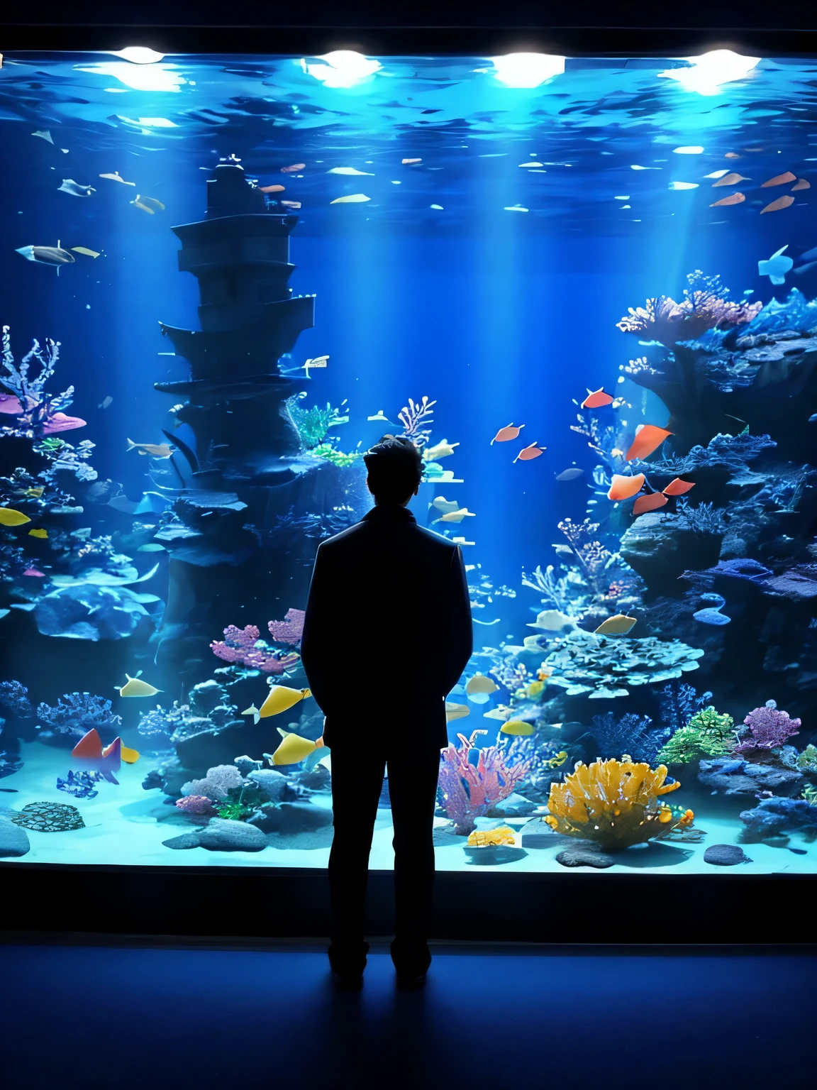 there is silhouette of a man waring pork pie hat standing in front of a large aquarium, standing under the sea, fish in the background, full body wide shot, big aquarium, close full body shot, full body length shot, aquarium, a huge glass tank, full body shot!!, photo taken in 2 0 2 0, full body close-up shot, okinawa churaumi aquarium