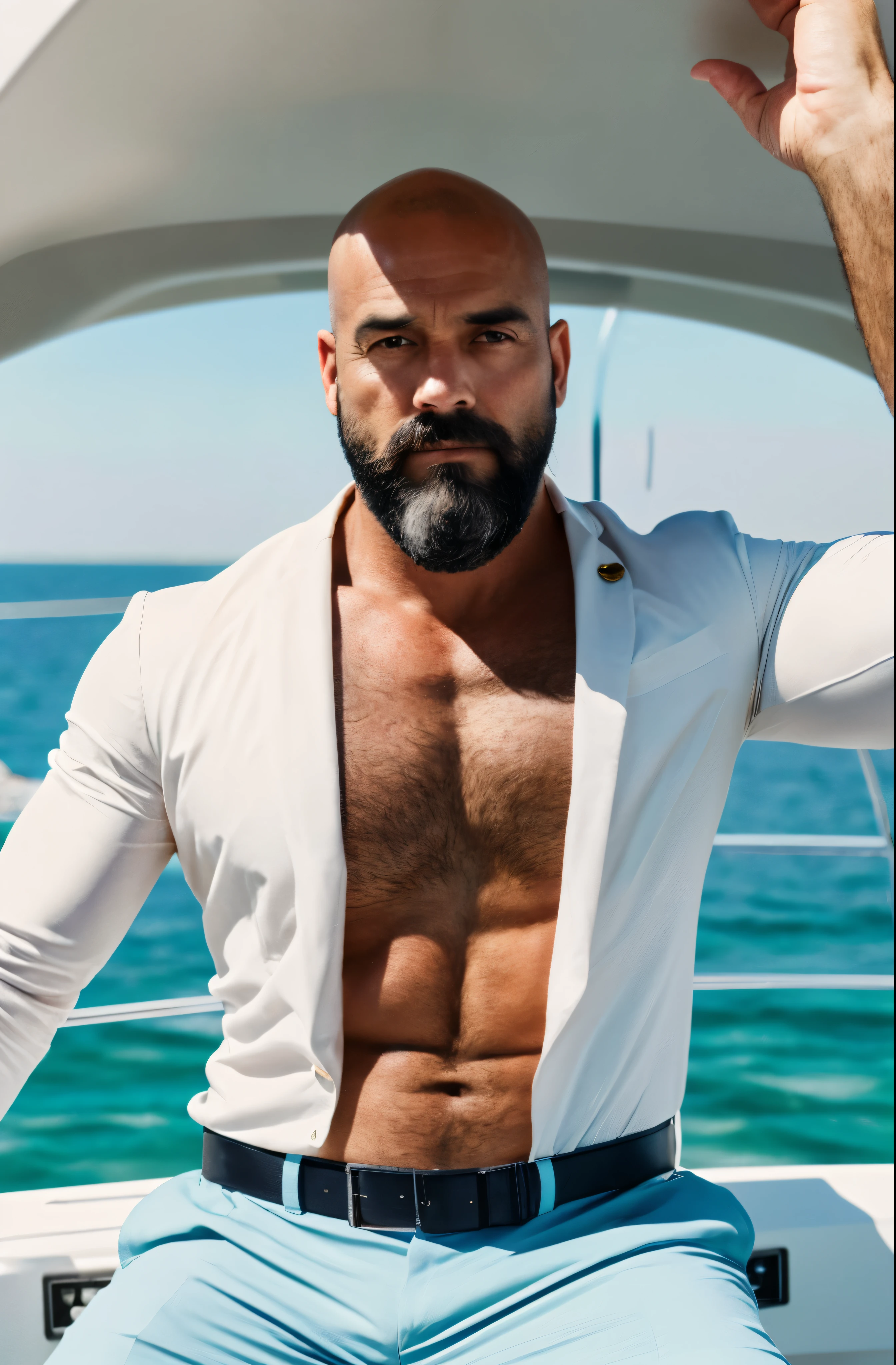 Hiperrealismo, hiperdetallado, Colores naturales, Luz tenue, 40 year old man, musculoso, alto, virilidad, Tenemos un yate, summer day, elegante, calvo con barba negra, Sensual, Looking directly at the camera, elegante, Deluxe, lujo, traje.