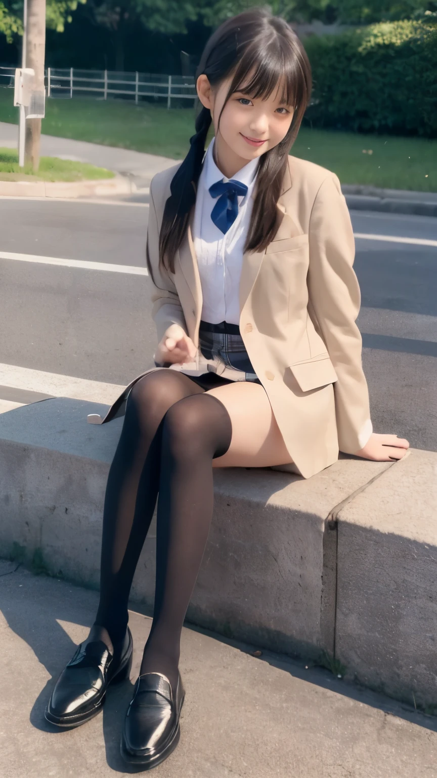 1 Japan girls、(looking looking at viewer)、Parted lips、deadpan、realisitic、tights、skirt by the、sky line、realisitic、アップskirt by the、skirt by theリフト、top-quality、​masterpiece:1.3、超A high resolution、Angle of view from below:1.3 、Close-up in the crotch:1.5、Embarrassed look、The background is a night view、(Look Viewer:1.3)、high-school uniform、