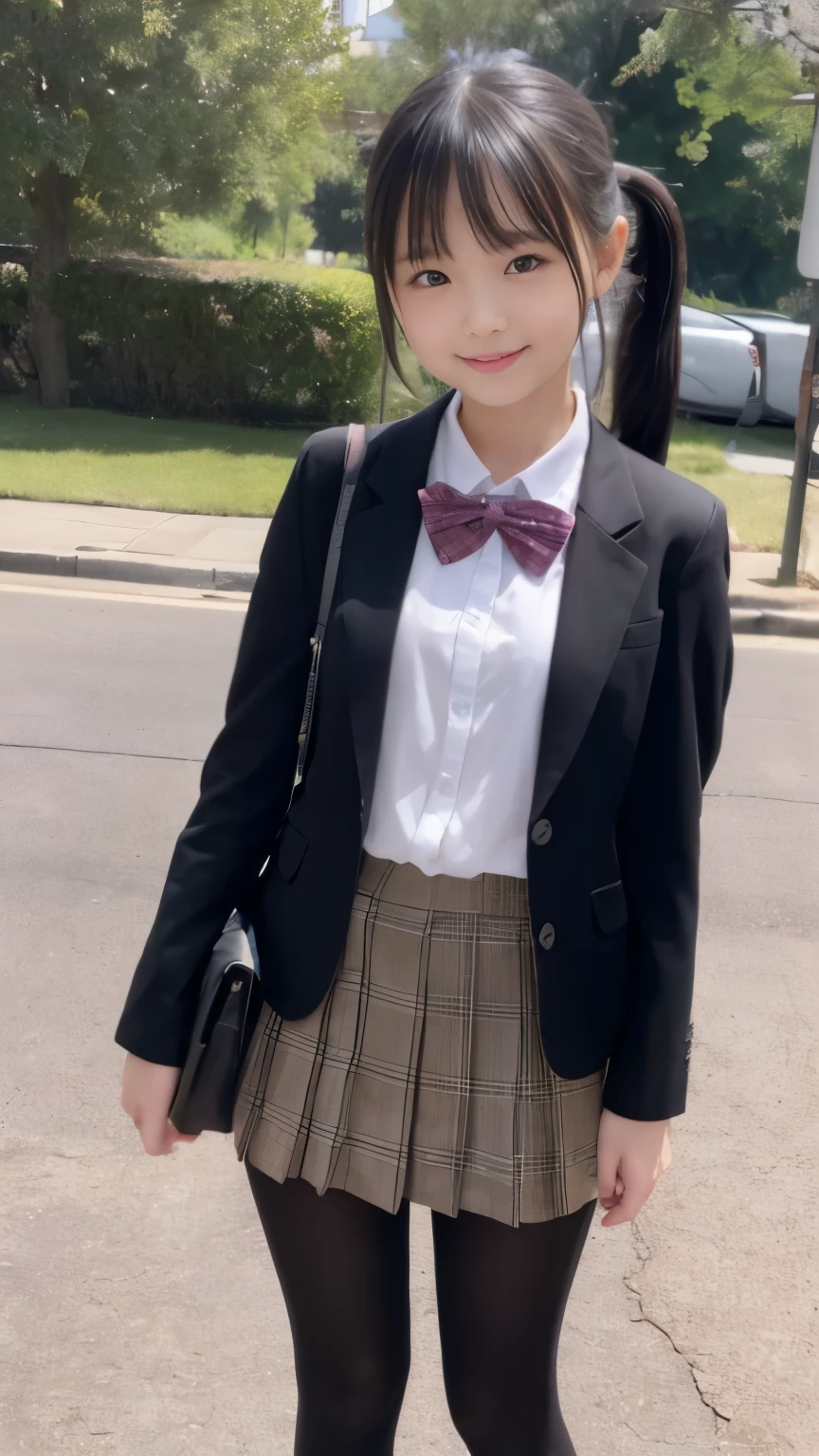 (masterpiece、8k、muste piece、RAW photo:1.4)、High resolution、((far away from the person))、((Full body photo from face to toes))、big eyes and small face、Height: 155cm、Japanese beautiful girl、Smile of a smiling beautiful girl、facing the front、Stand with your feet together、Because I&#39;m slender、stand up with good posture、Residential area in the morning、realistic、14-year-old junior high school girl、bus stop、I was waiting alone、Hang your school bag on your shoulder、、slender and delicate body、small breasts、Blazer Uniform、girls school uniform、plaid skirt、healthy young teenage woman、black tights、black tights、Black Knee High Socks、brown loafers leather shoes、Wear loafers、put your feet on the ground、full body shot、full body shot、Neat hairstyle details、Emphasizes the very slender leg line