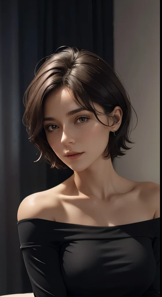 Skin Tight Black Top:1.2、look at viewer、cinematic lighting、perfect、soft light、High resolution skin:1.2、realistic skin texture、30 year old mature woman、small face、no makeup、off shoulder、Bust B Cup、 small breasts、Detailed beautiful eyes、short hair、dark brown hair、full nude、gray background、