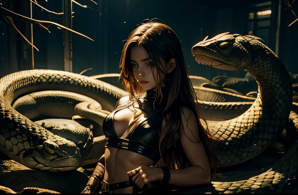 A girl holding a knife, snakes surrounding her body