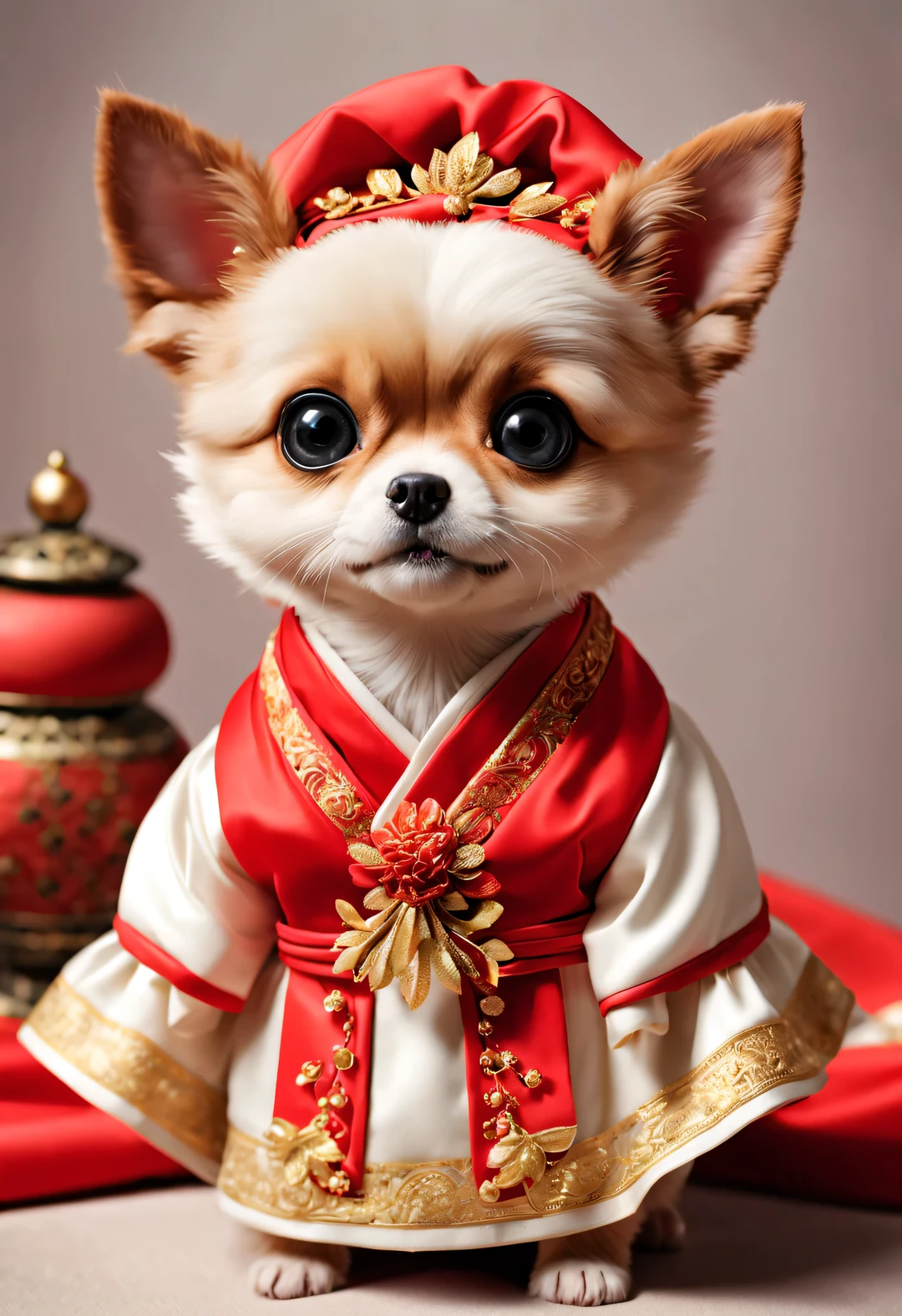 curly，beautiful details，Feminine laughter，In ancient China, A super cute puppy wearing a bright red wedding dress. Dog Bride is an avatar, Wearing a red scarf on the head，Gold ornaments are worn on the head, pixelated style (Anthropomorphic standing pose), Charming big eyes, cute tail, Surreal, super detailed, luxury, elegant, Gorgeous, Unreal Engine, octane rendering, 8k, VRAYSurreal，Chinese New Year elements，