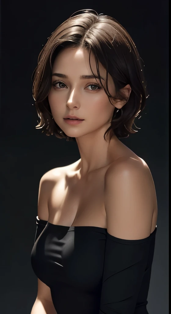 Skin Tight Black Top:1.2、look at viewer、cinematic lighting、perfect、soft light、High resolution skin:1.2、realistic skin texture、30 year old mature woman、small face、no makeup、off shoulder、Bust B Cup、 small breasts、Detailed beautiful eyes、short hair、dark brown hair、full nude、gray background、