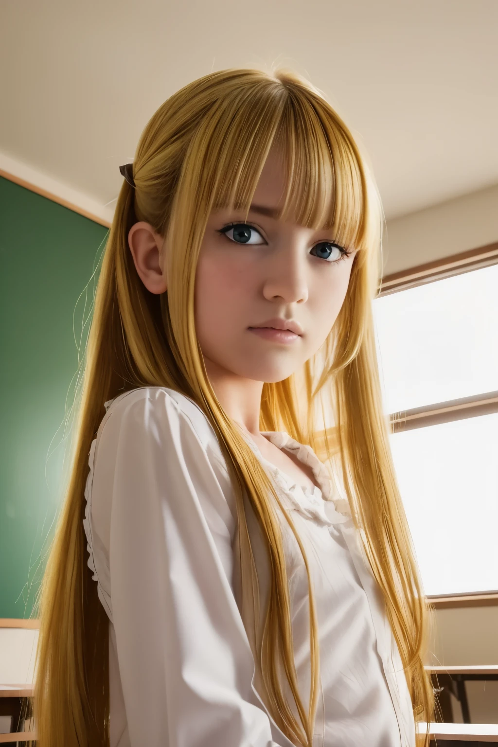 (8K, RAW photo, highest quality, masterpiece:1.2), (realistic, photo-realistic:1.2), (ultra high resolution), (Super detailed), disorganized,
1 girl, green eyes, with ruffles, ((serafuku)), blonde hair, very long hair,background: kyoushitsu, classroom, indoors, school chair, school desk, blackboard, window, Ceiling light, curtain, wood, 