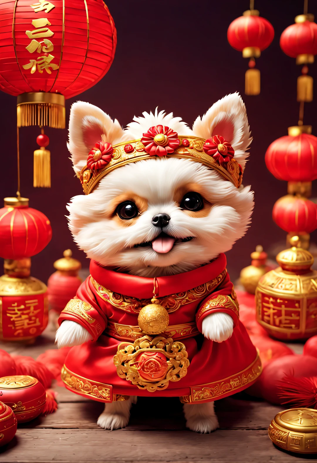 curly, with beautiful details, In ancient China, One is super cute、Smiling puppy wearing bright red wedding dress. dog bride avatar, Wearing a red scarf，Wearing gold jewelry, pixelated style (Anthropomorphic standing pose), Charming big eyes, cute tail, Surreal, super detailed, luxury, elegant, Gorgeous, Unreal Engine, octane rendering, 8k, VRAYSurreal, coin, lantern, fireworks, Chinese New Year elements,