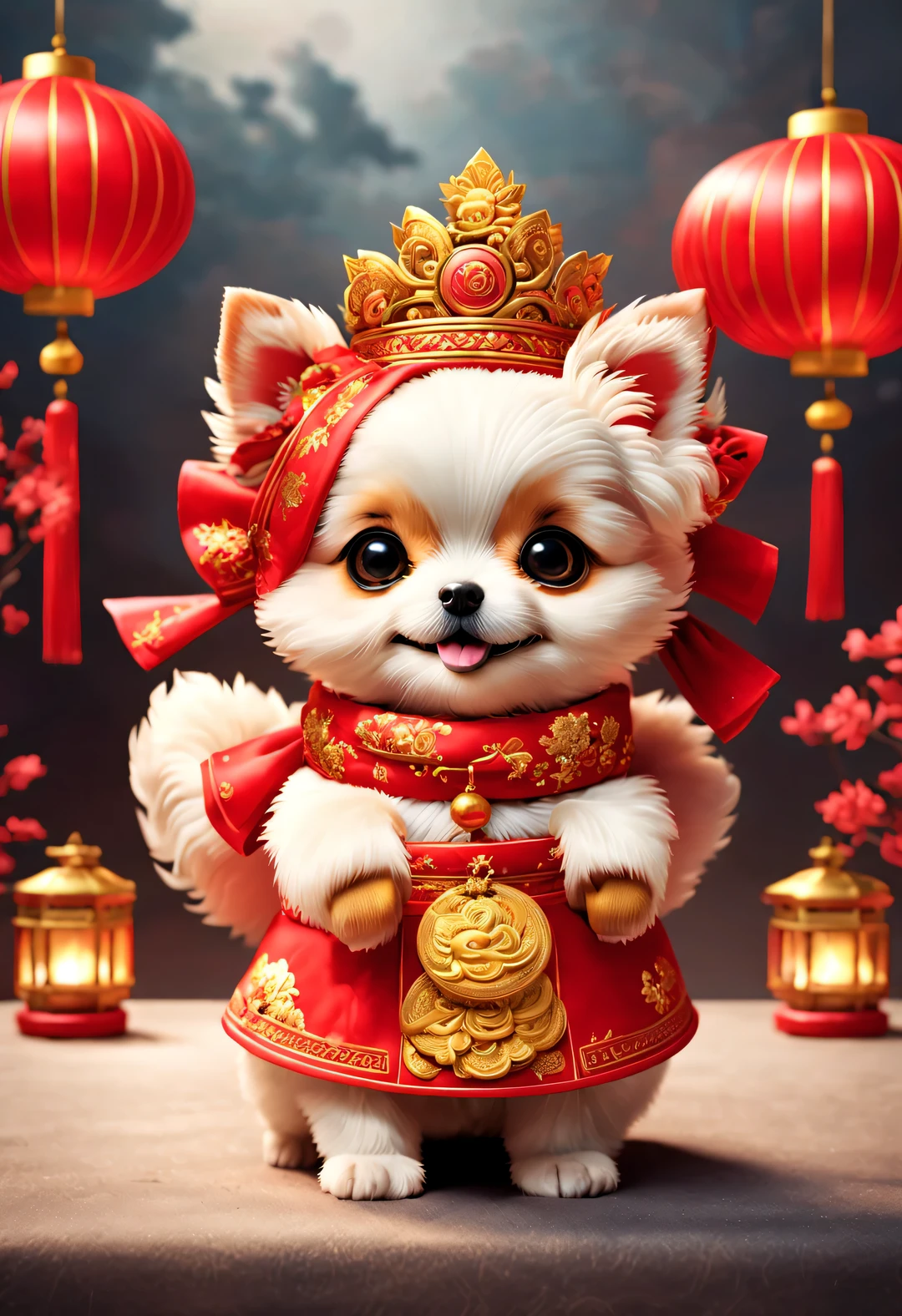 curly, with beautiful details, In ancient China, One is super cute、Smiling puppy wearing bright red wedding dress. dog bride avatar, Wearing a red scarf，Wearing gold jewelry, pixelated style (Anthropomorphic standing pose), Charming big eyes, cute tail, Surreal, super detailed, luxury, elegant, Gorgeous, Unreal Engine, octane rendering, 8k, VRAYSurreal, coin, lantern, fireworks, Chinese New Year elements,