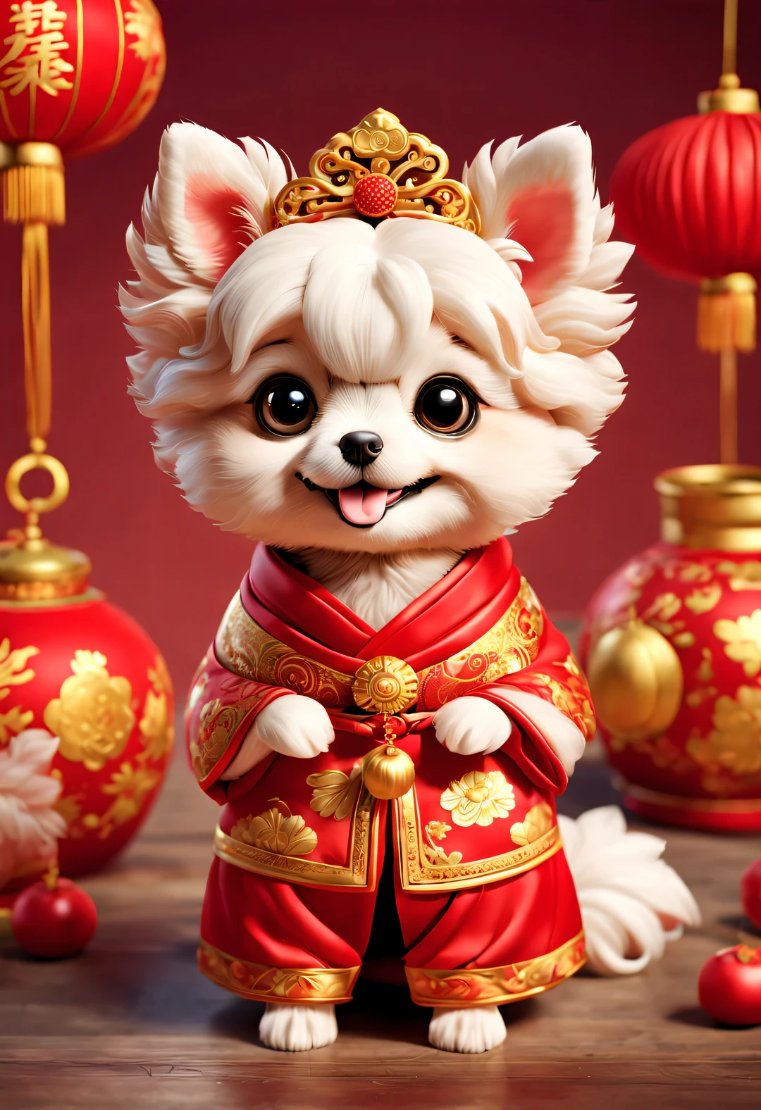 curly, with beautiful details, In ancient China, One is super cute、Smiling puppy wearing bright red wedding dress. dog bride avatar, Wearing a red scarf,Wearing gold jewelry, pixelated style (Anthropomorphic standing pose), Charming big eyes, cute tail, Surreal, super detailed, luxury, elegant, Gorgeous, Unreal Engine, octane rendering, 8k, VRAYSurreal中国新年元素,