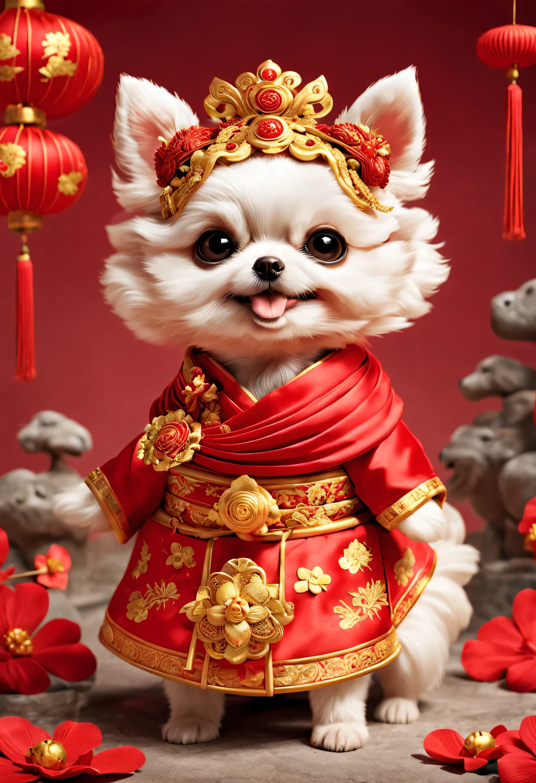 curly, with beautiful details, In ancient China, One is super cute、Smiling puppy wearing bright red wedding dress. dog bride avatar, Wearing a red scarf，Wearing gold jewelry, pixelated style (Anthropomorphic standing pose), Charming big eyes, cute tail, Surreal, super detailed, luxury, elegant, Gorgeous, Unreal Engine, octane rendering, 8k, VRAYSurreal中国新年元素,