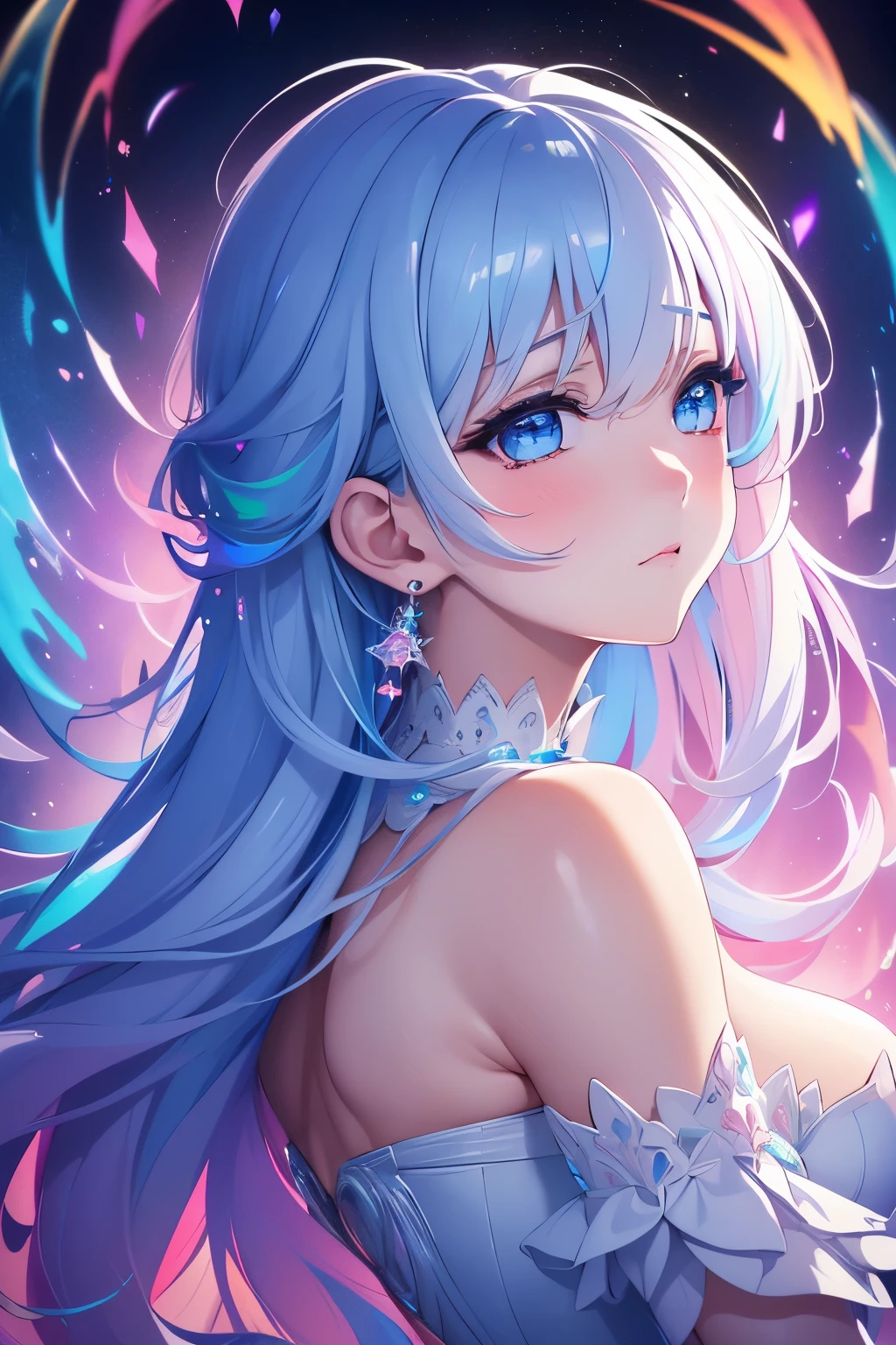 best quality, 32k, RAW photo, incredibly absurdres, extremely detailed, delicate texture, bust up of a beautiful woman with a sad expression looking back, many seven-colored light particles bursting in the fog, fantastic and mysterious, iridescent pastel colour, kaleidoscope, wind