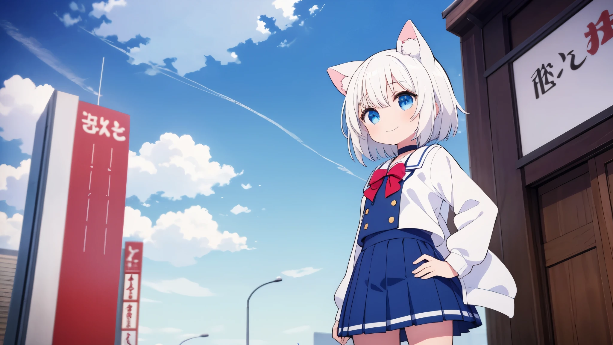 1 girl, white hair, cat ears, blue lether choker , standing ,short hair ,school uniform,white cardigan ,look up at the sky,hand on hip,smile,sightseeing tokyo 
