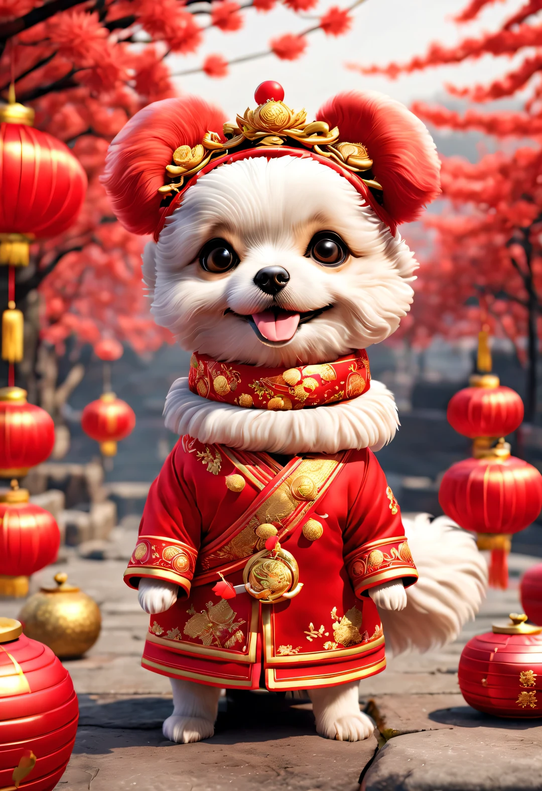 curly, with beautiful details, In ancient China, One is super cute、Smiling puppy wearing bright red wedding dress. Dog Bride Makeup, Wearing a red scarf，Wearing gold jewelry, pixelated style (Anthropomorphic standing pose), Charming big eyes, cute tail, Surreal, super detailed, luxury, elegant, Gorgeous, Unreal Engine, octane rendering, 8k, VRAYSurreal, coin, lantern, fireworks, Chinese New Year elements,