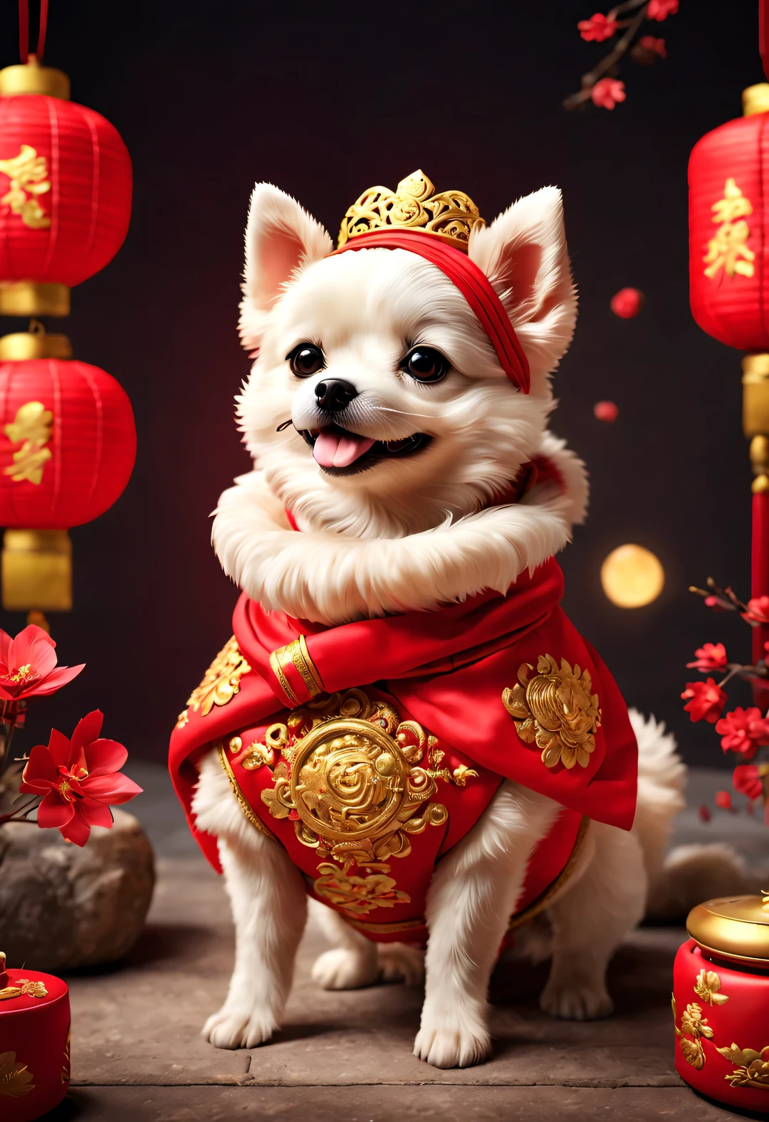 curly, with beautiful details, In ancient China, One is super cute、Smiling puppy wearing bright red wedding dress. Dog Bride Makeup, Wearing a red scarf，Wearing gold jewelry, pixelated style (Anthropomorphic standing pose), Charming big eyes, cute tail, Surreal, super detailed, luxury, elegant, Gorgeous, Unreal Engine, octane rendering, 8k, VRAYSurreal, coin, lantern, fireworks, Chinese New Year elements,