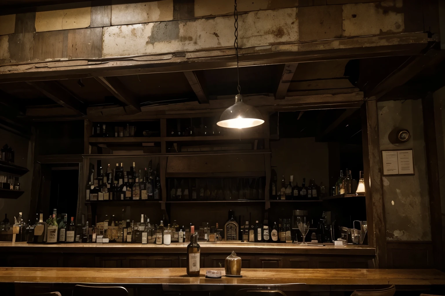 The scene depicts a long and sturdy bar counter, local da foto um bar velho e sujo. the counter is solid wood, com sinais de desgaste evidentes, like scratches, stains and maybe even some chips. A madeira escura contrasta com o ambiente sombrio do bar. Over the counter, there is an arrangement of food and drink that refers to the celebration of the Last Supper. The angle of the horizontal photo, as if it were taken from someone behind the counter with lighting, is weak and irregular., casting dark shadows over the table and bar surroundings. O ambiente parece desolado e abandonado, with details like cobwebs in the corners and worn-out furniture around. The general atmosphere is one of decay and desolation, contrasting with the symbolism traditionally associated with the Last Supper. imagem sem pessoas.