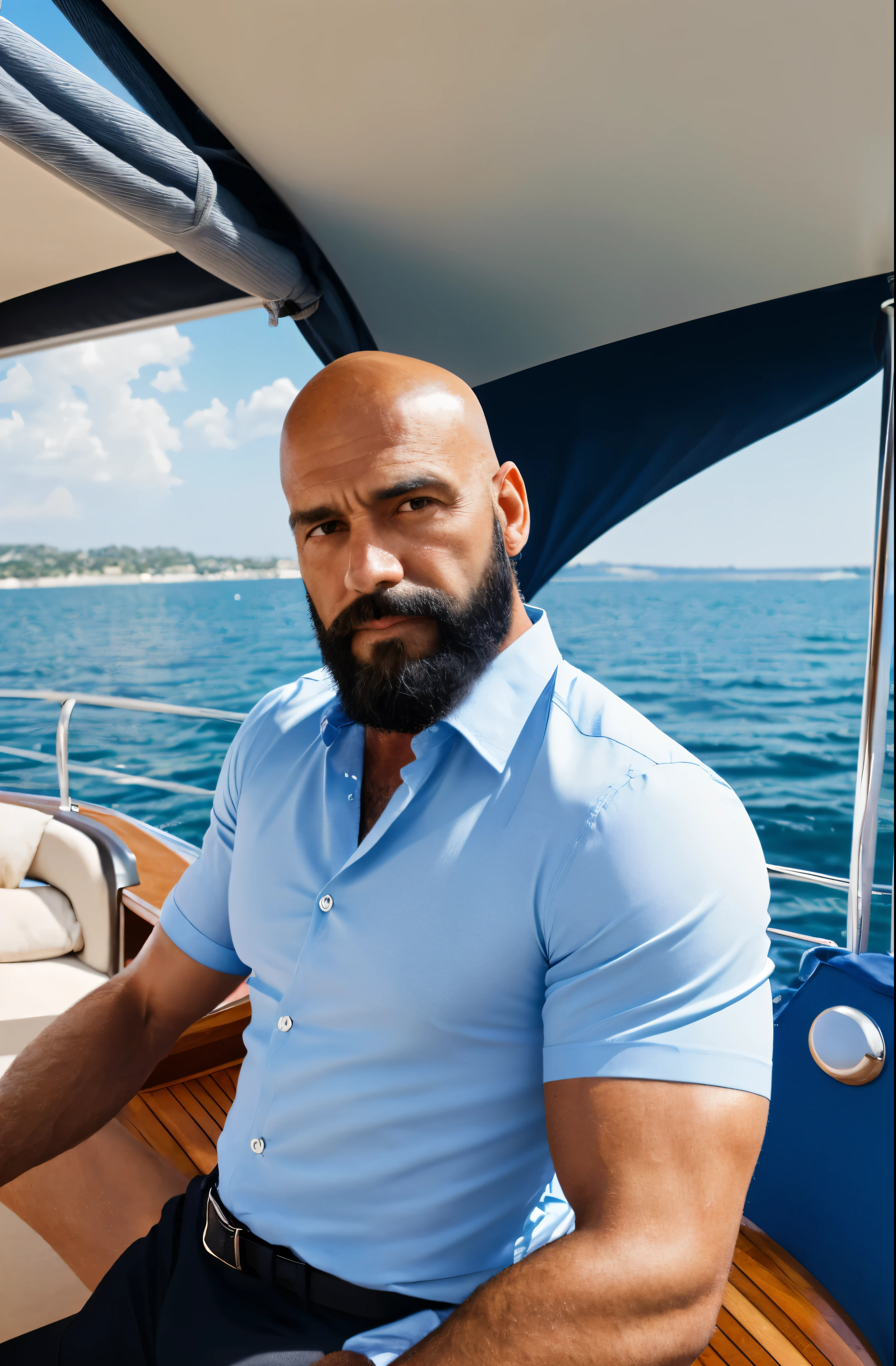 Hiperrealism, hiperdetailed, natural colors, soft light, 40 years old man, muscled, tall, virility, on a yatch, summer day, Handsome, bald with black beard, sensual, looking straight at the camera, White elegant shirt