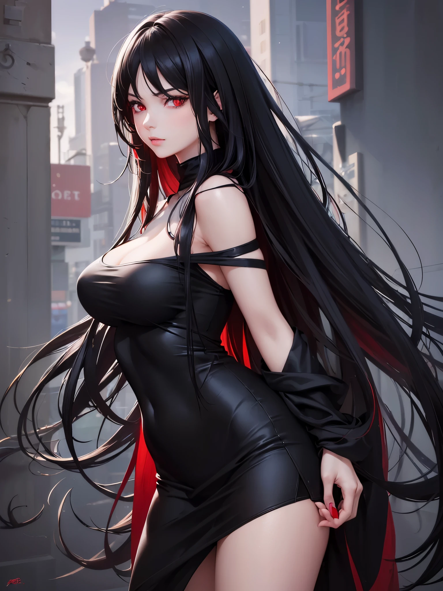 (best quality, highres, realistic:1.37),ultra-detailed,long black hair,red eyes,beautiful red eyes,serious expression,casual black clothes,large breasts,detailed face and features,vivid colors,dark atmosphere,soft lighting,beautiful girl,modern style