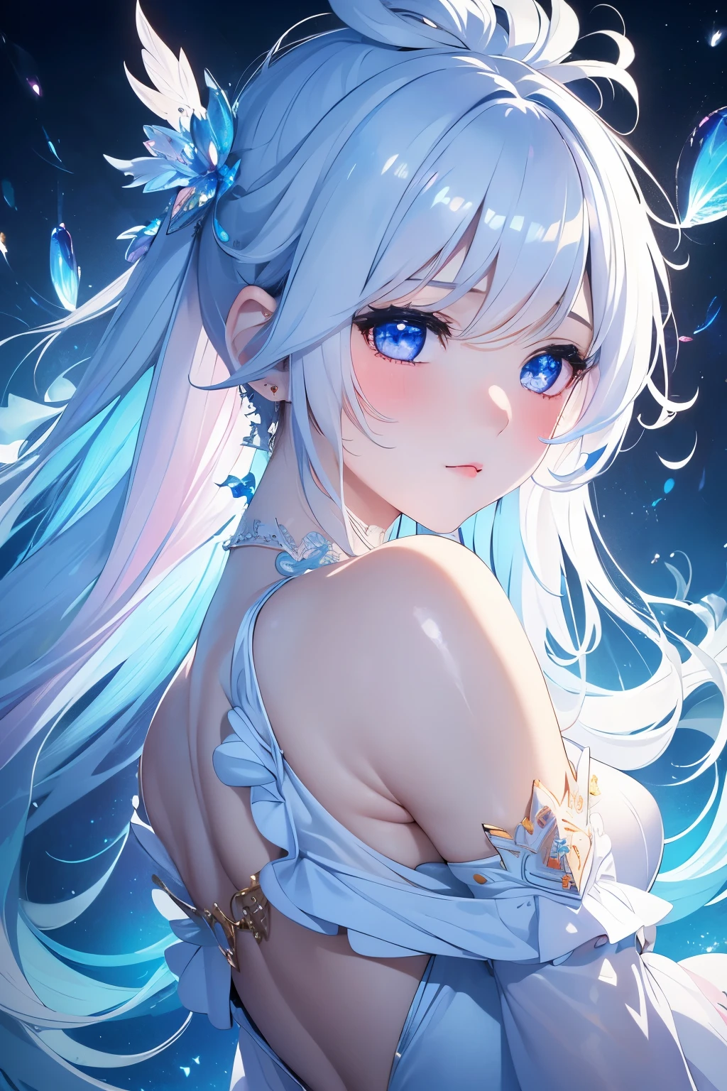 best quality, 32k, RAW photo, incredibly absurdres, extremely detailed, delicate texture, bust up of a beautiful woman with a sad expression looking back, many seven-colored light particles bursting in the fog, fantastic and mysterious, iridescent pastel colour, kaleidoscope, wind