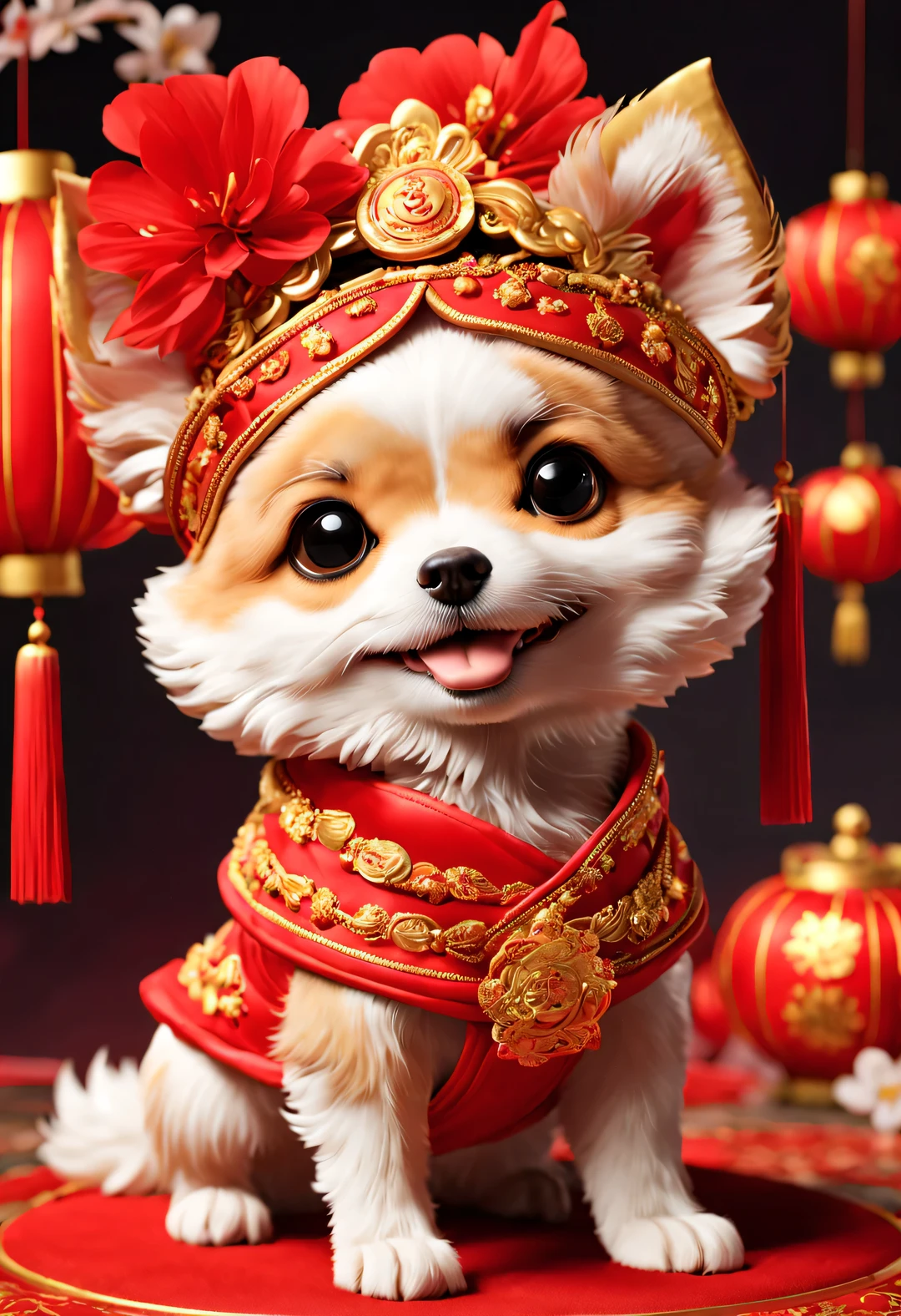 curly, with beautiful details, In ancient China, One is super cute、Smiling puppy wearing bright red wedding dress. Dog Bride Makeup, Wearing a red scarf，Wearing gold jewelry, pixelated style (Anthropomorphic standing pose), Charming big eyes, cute tail, Surreal, super detailed, luxury, elegant, Gorgeous, Unreal Engine, octane rendering, 8k, VRAYSurreal, coin, lantern, Chinese New Year elements,