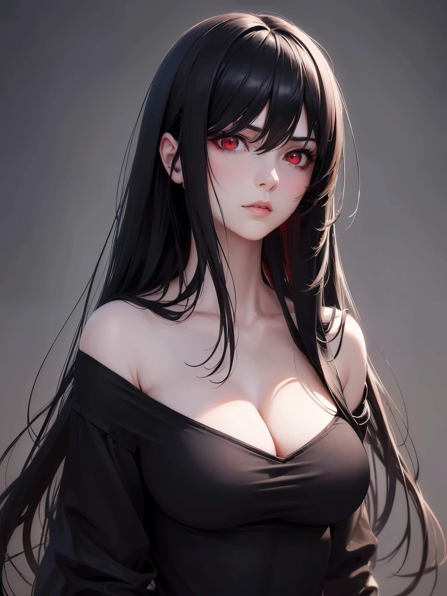 (best quality, highres, realistic:1.37),ultra-detailed,long black hair,red eyes,beautiful red eyes,serious expression,casual black clothes,large breasts,detailed face and features,vivid colors,dark atmosphere,soft lighting,beautiful girl,modern style